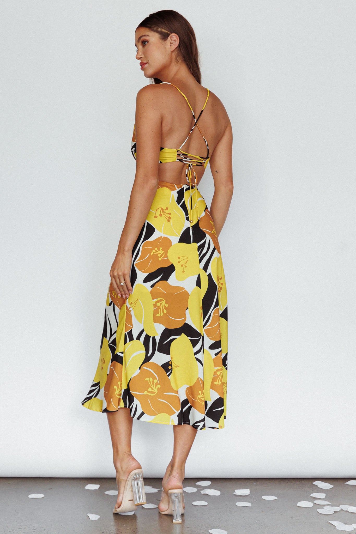 Sunday Bliss Tie-Up Back Cowl Neck Midi Dress Flower Yellow-Maymioy
