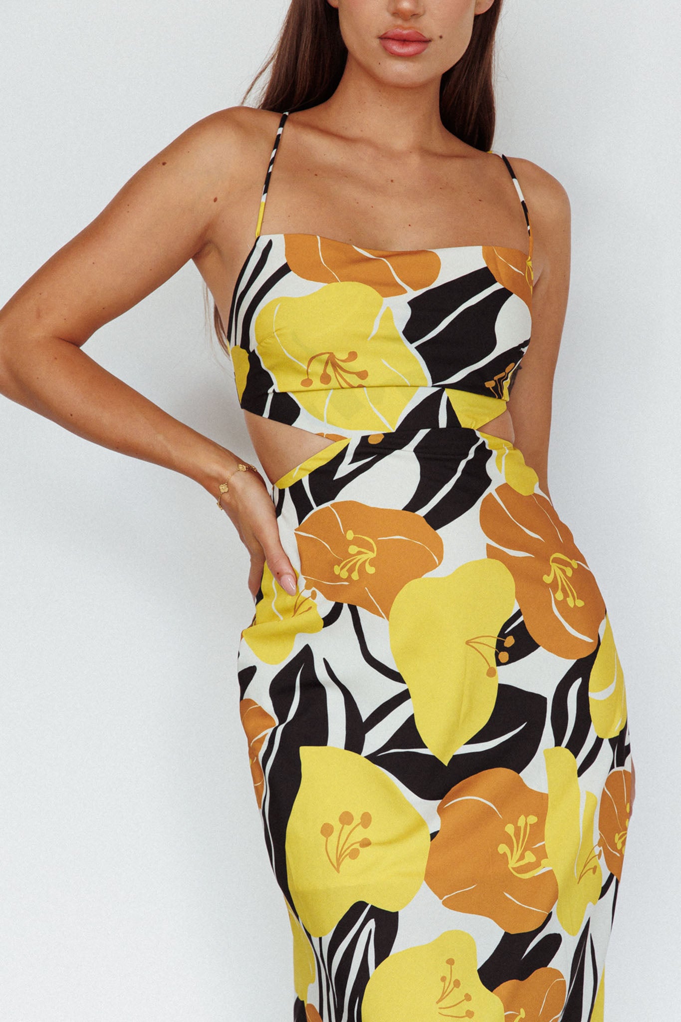 Sunday Bliss Tie-Up Back Cowl Neck Midi Dress Flower Yellow-Maymioy