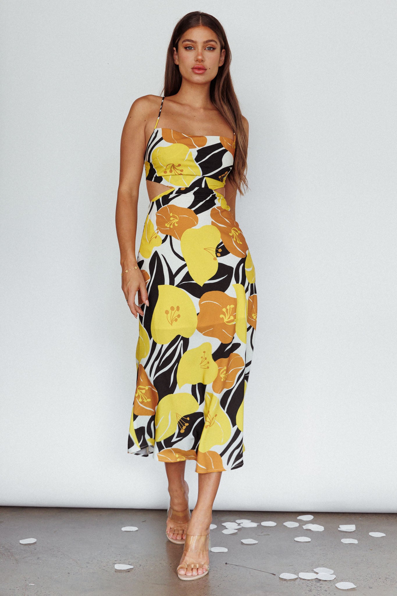 Sunday Bliss Tie-Up Back Cowl Neck Midi Dress Flower Yellow-Maymioy