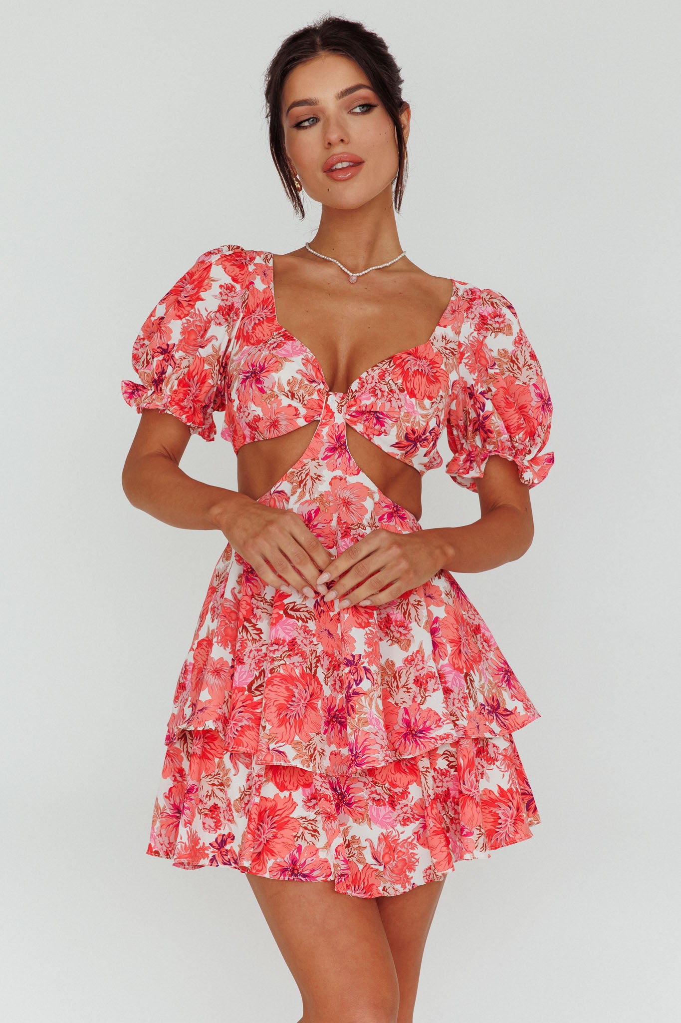 Orianthi Cut-Out Waist Mini Dress Floral Pink-Maymioy