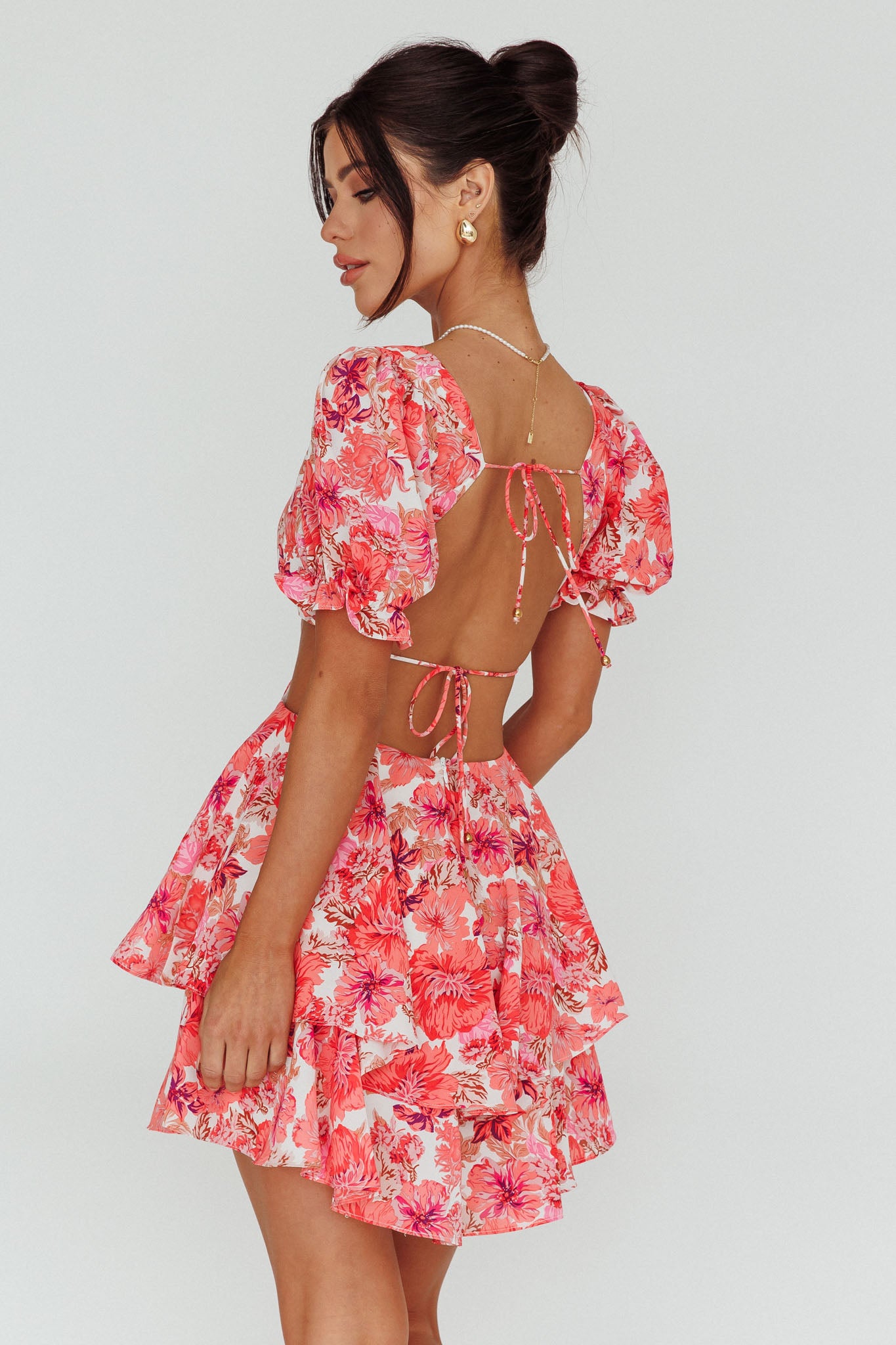 Orianthi Cut-Out Waist Mini Dress Floral Pink-Maymioy