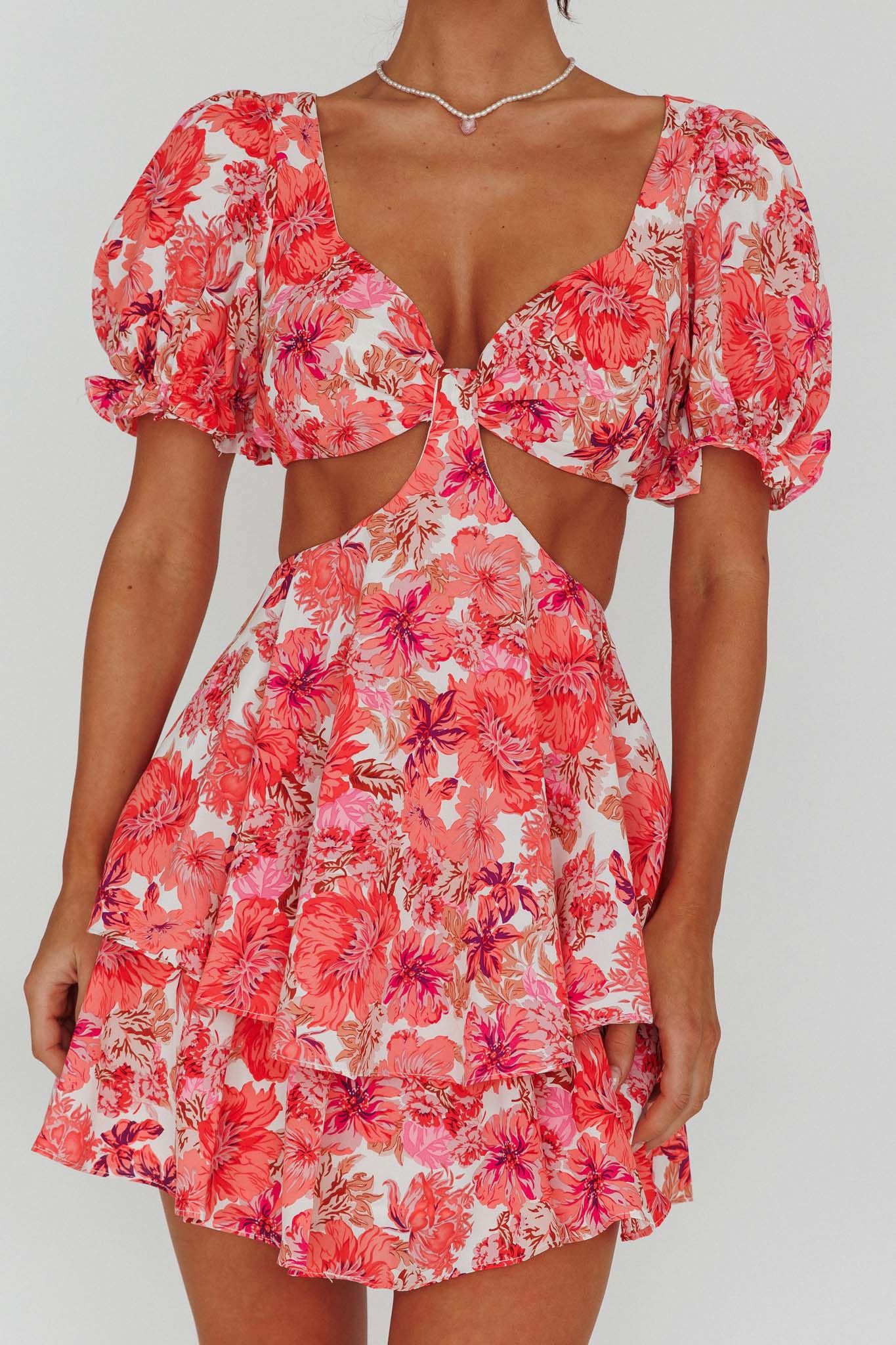 Orianthi Cut-Out Waist Mini Dress Floral Pink-Maymioy