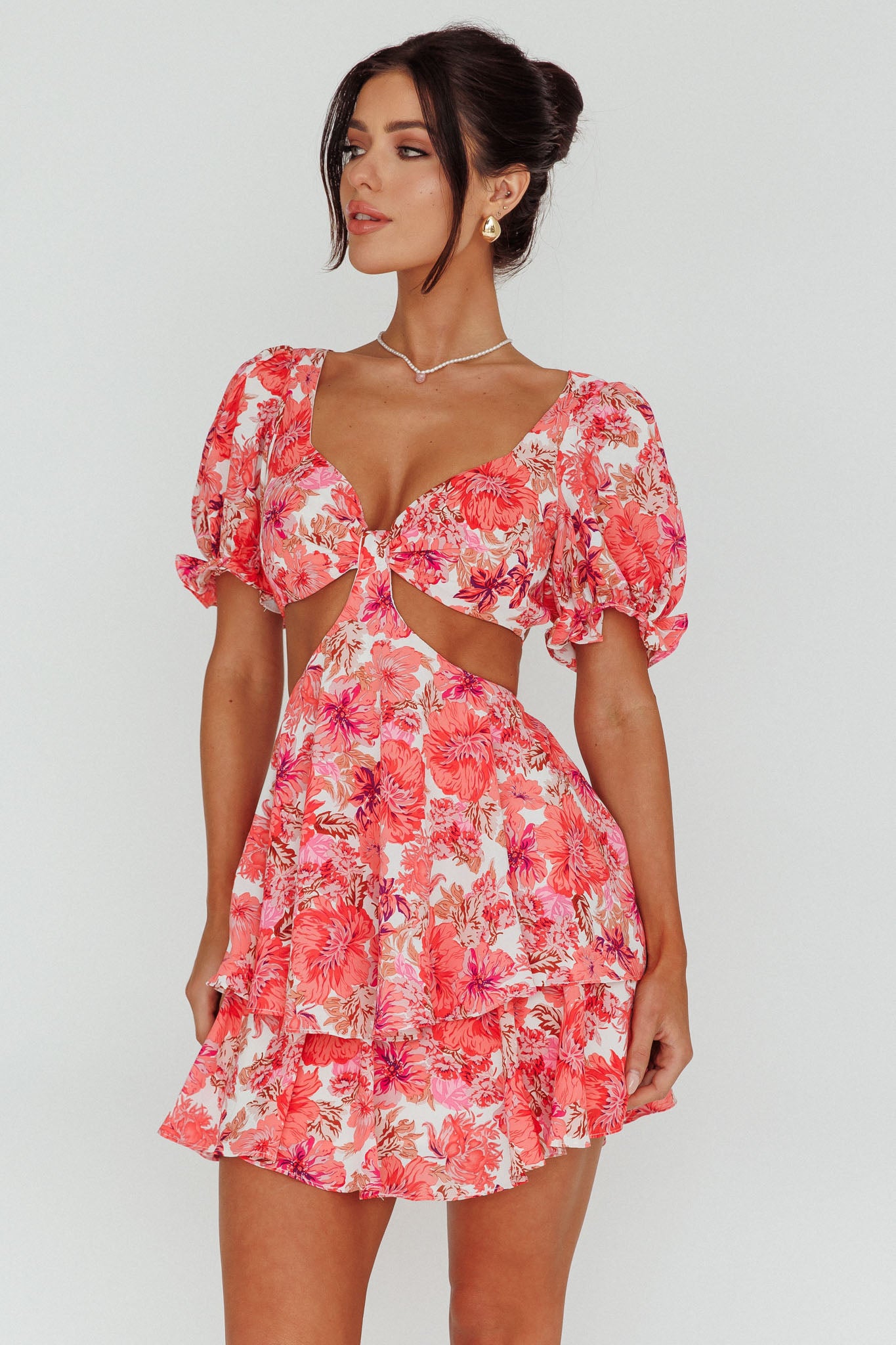 Orianthi Cut-Out Waist Mini Dress Floral Pink-Maymioy