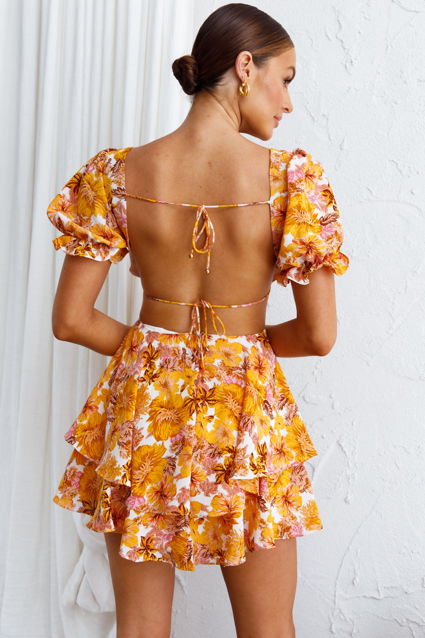 Orianthi Cut-Out Waist Mini Dress Floral Yellow-Maymioy
