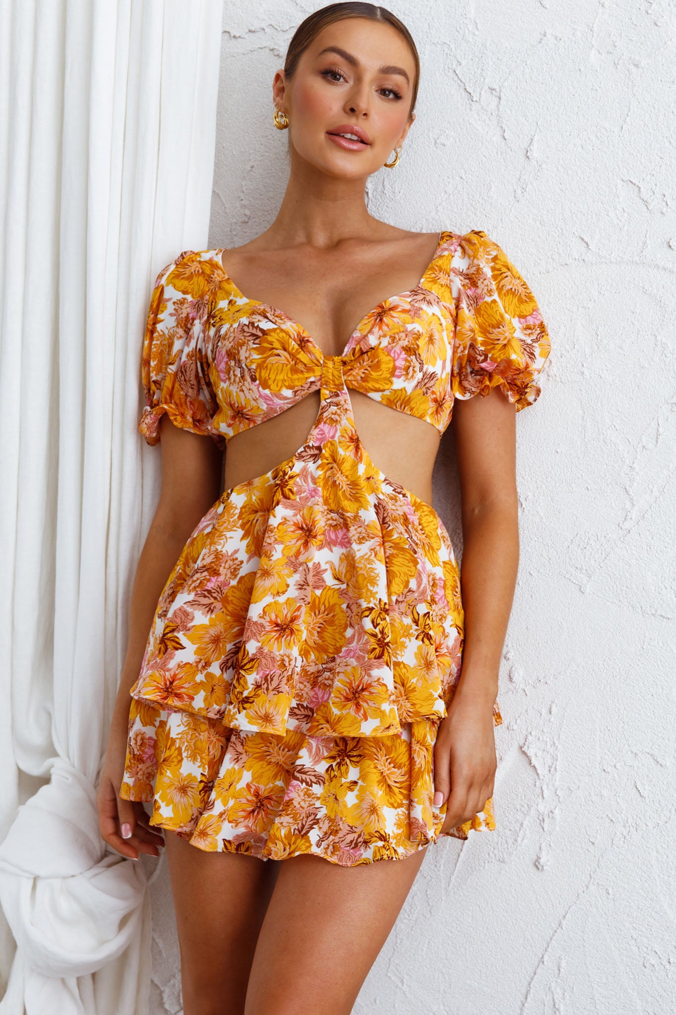Orianthi Cut-Out Waist Mini Dress Floral Yellow-Maymioy