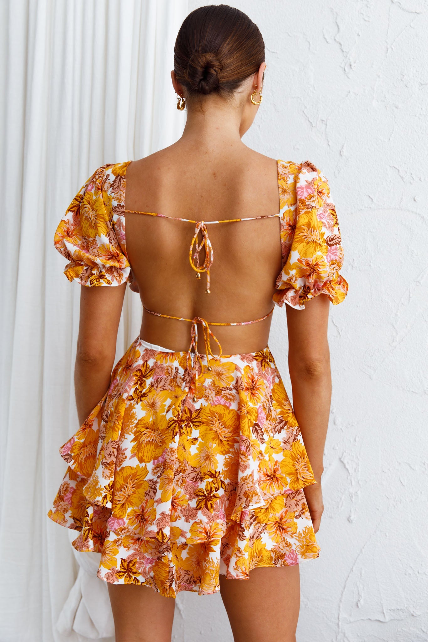 Orianthi Cut-Out Waist Mini Dress Floral Yellow-Maymioy