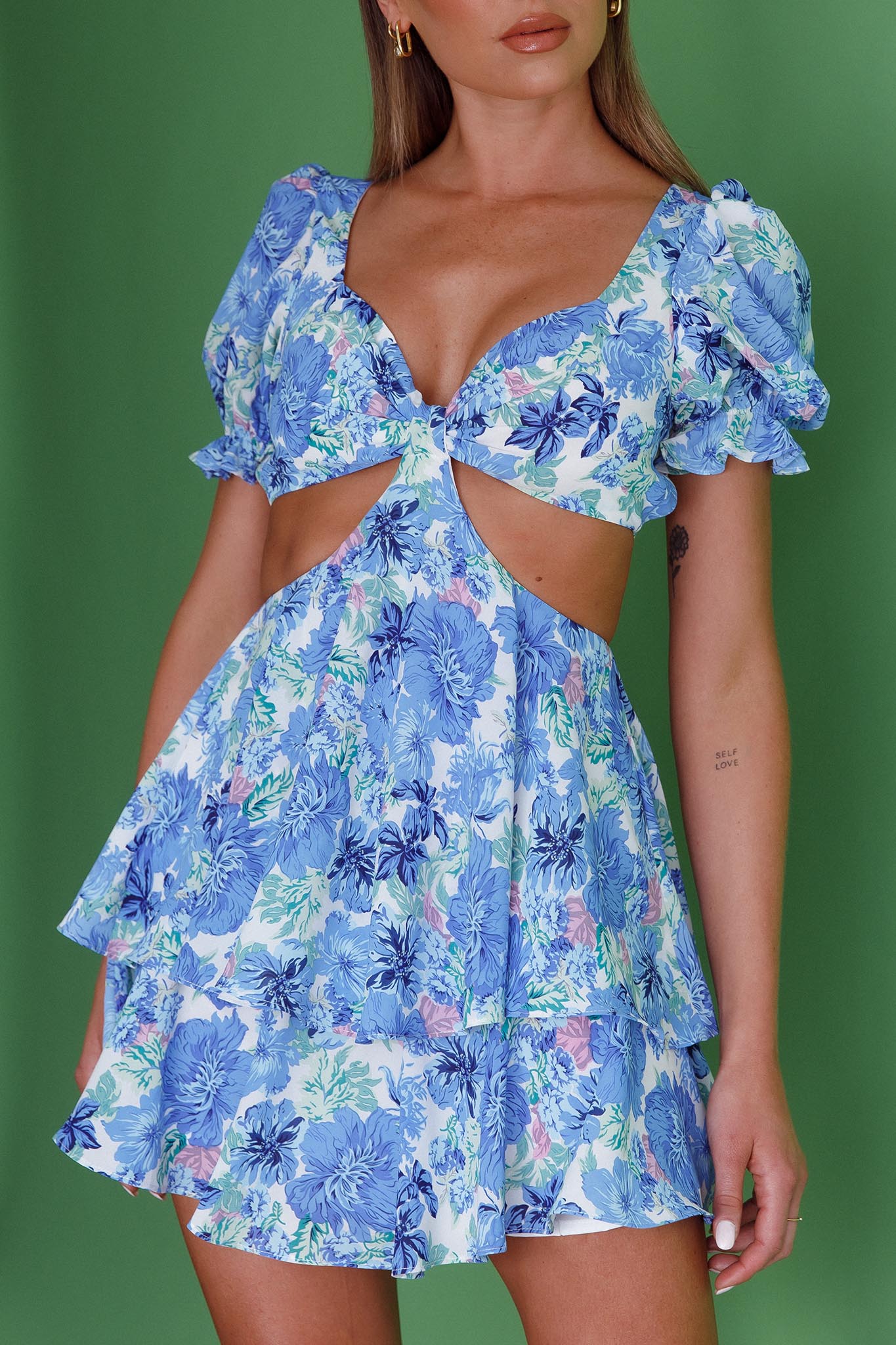 Orianthi Cut-Out Waist Mini Dress Floral Blue-Maymioy