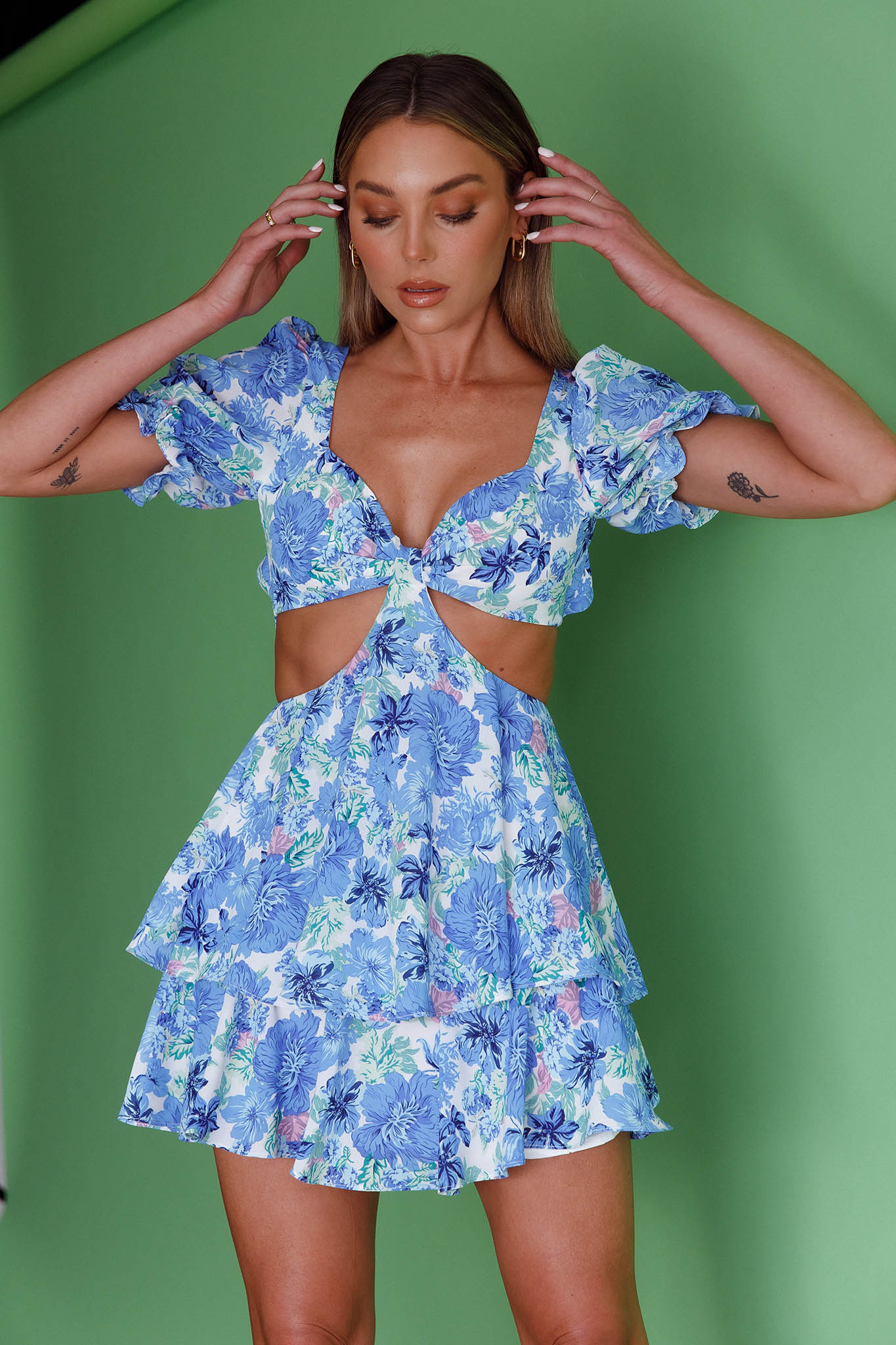 Orianthi Cut-Out Waist Mini Dress Floral Blue-Maymioy