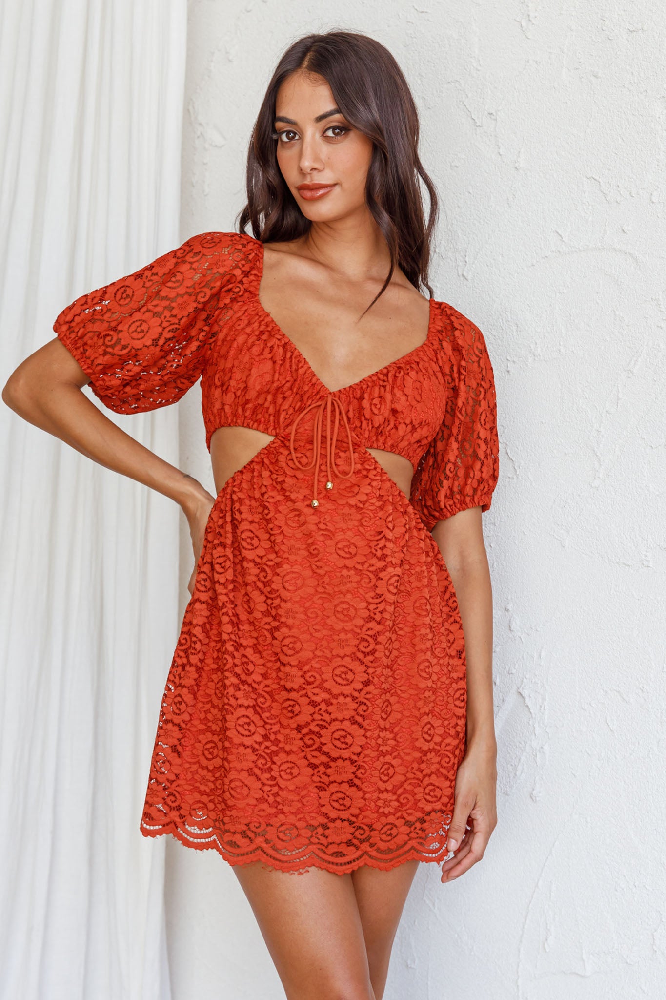 Feelin' Good Cut-Out Waist Lace Dress Rust-Maymioy