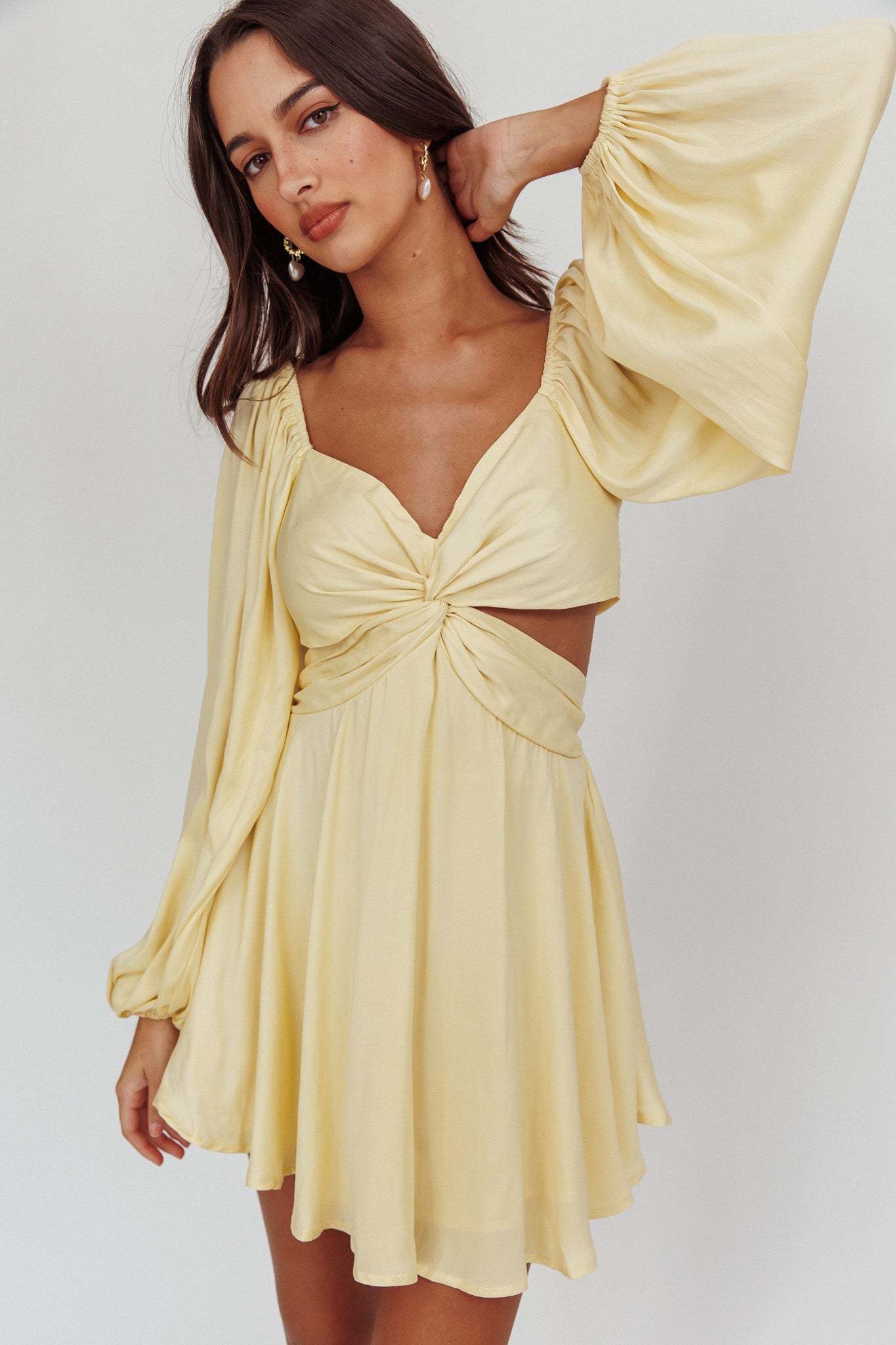 Miraya Balloon Sleeve Twist Mini Dress Butter-Maymioy