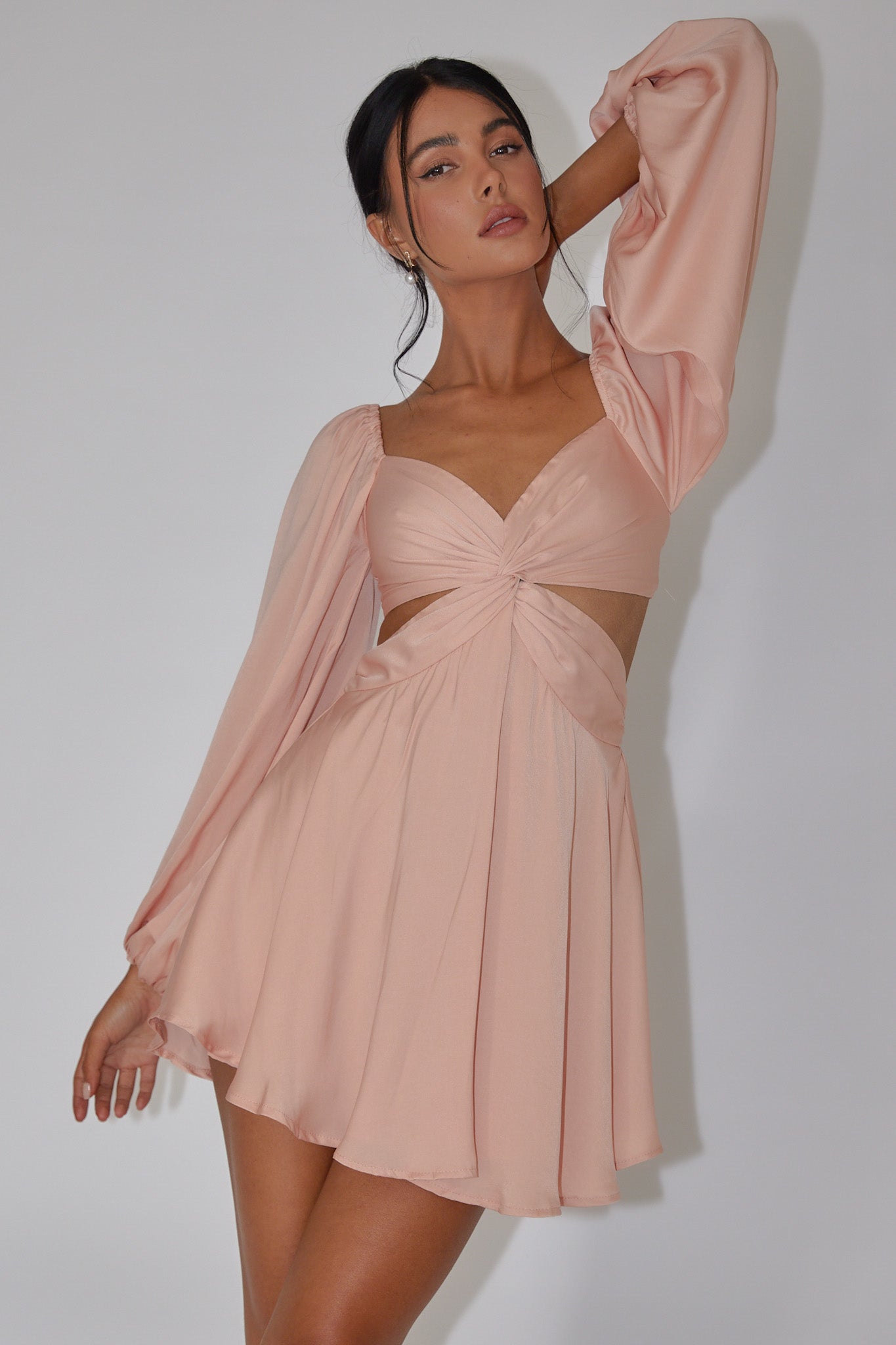 Miraya Balloon Sleeve Twist Mini Dress Peach-Maymioy