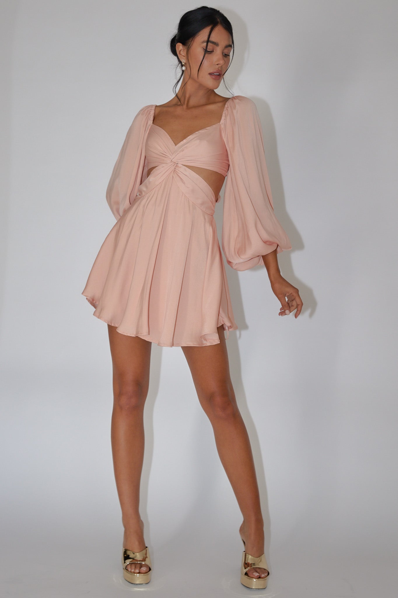 Miraya Balloon Sleeve Twist Mini Dress Peach-Maymioy