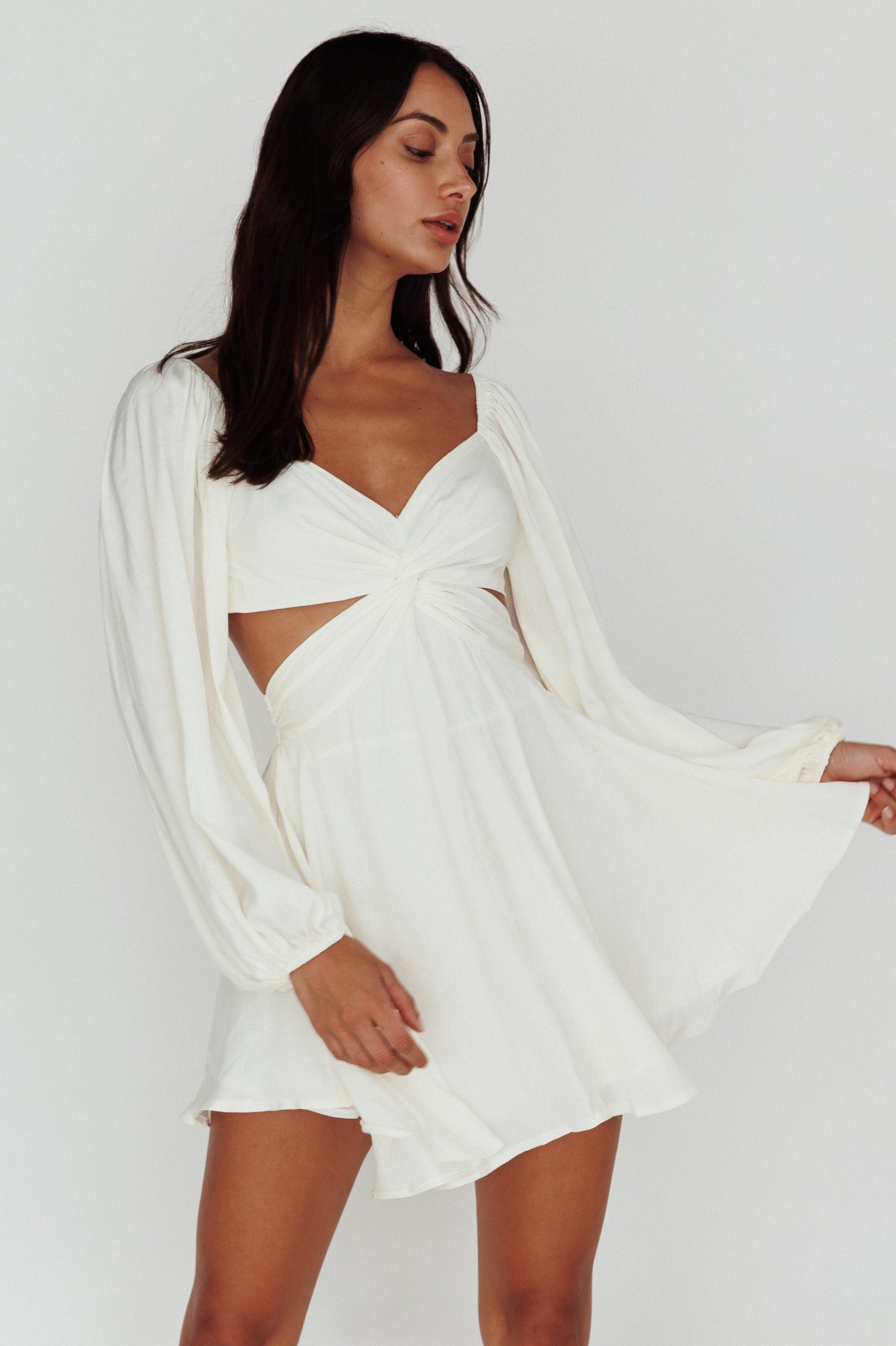 Miraya Balloon Sleeve Twist Mini Dress White-Maymioy