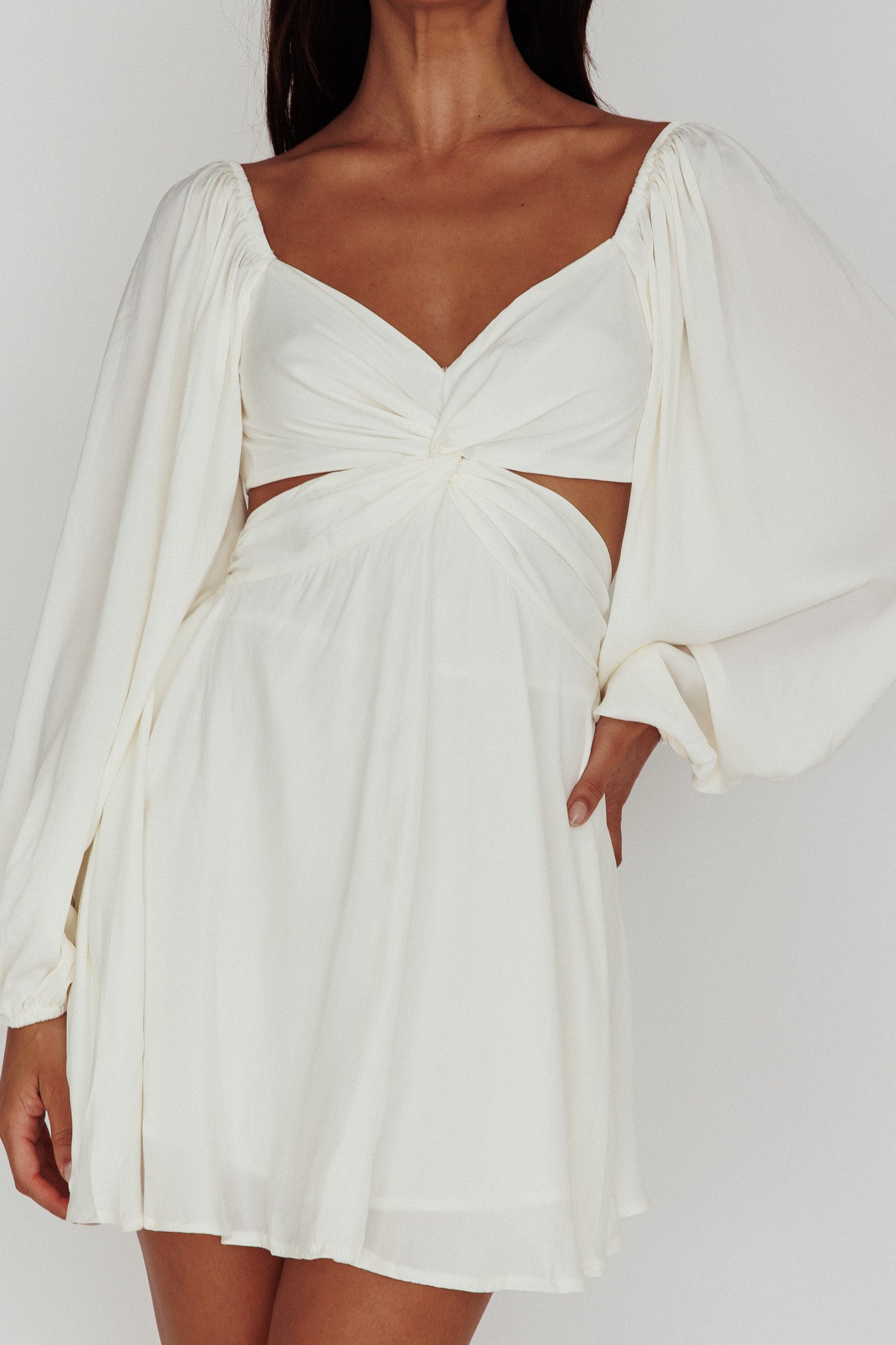 Miraya Balloon Sleeve Twist Mini Dress White-Maymioy