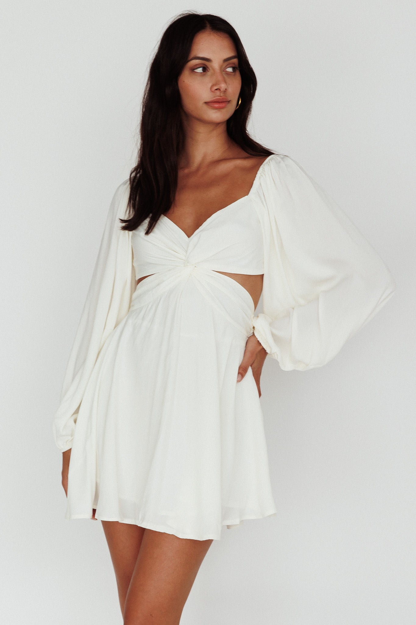 Miraya Balloon Sleeve Twist Mini Dress White-Maymioy