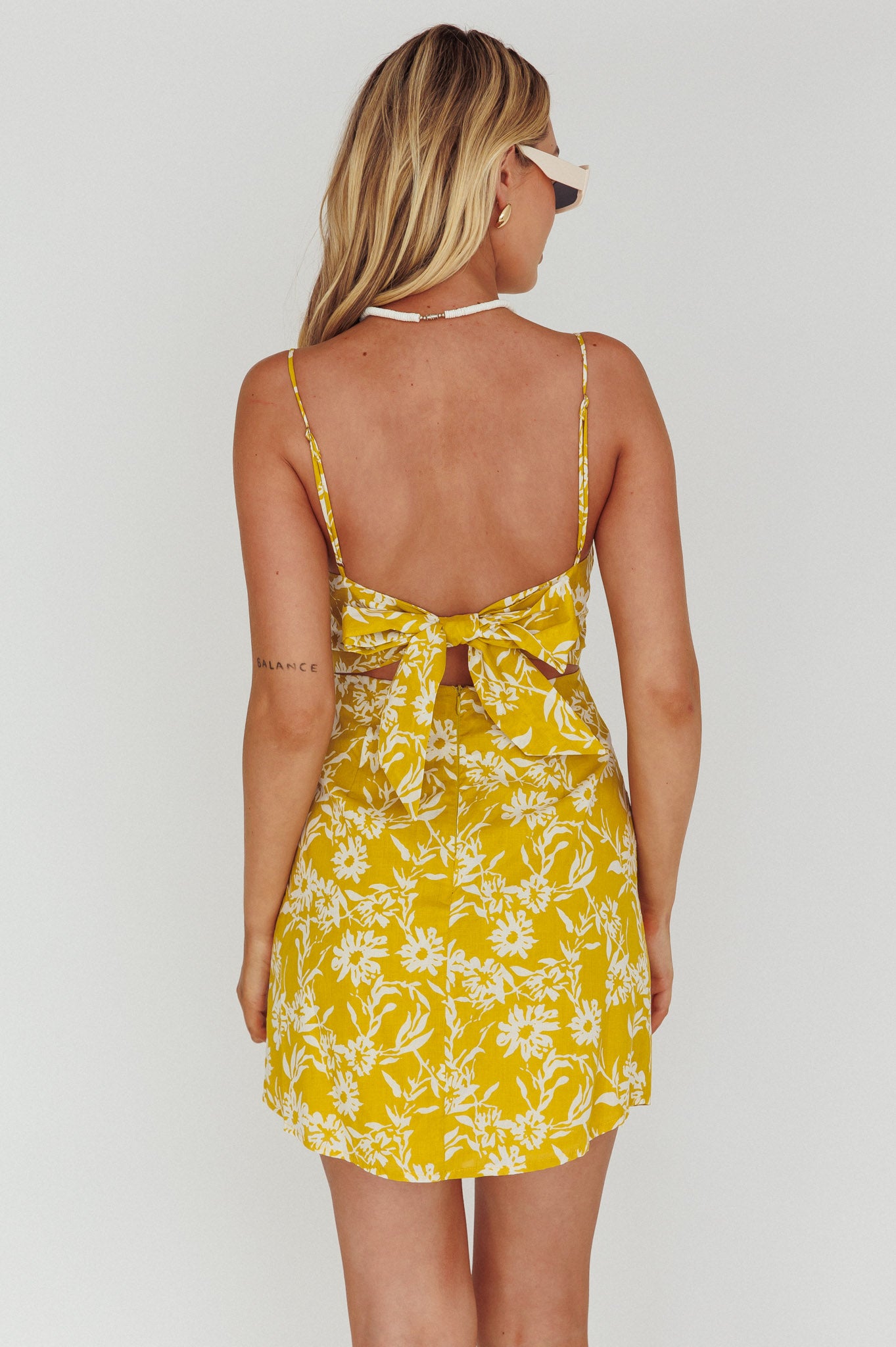 Inana Tied Back Mini Dress Floral Yellow-Maymioy