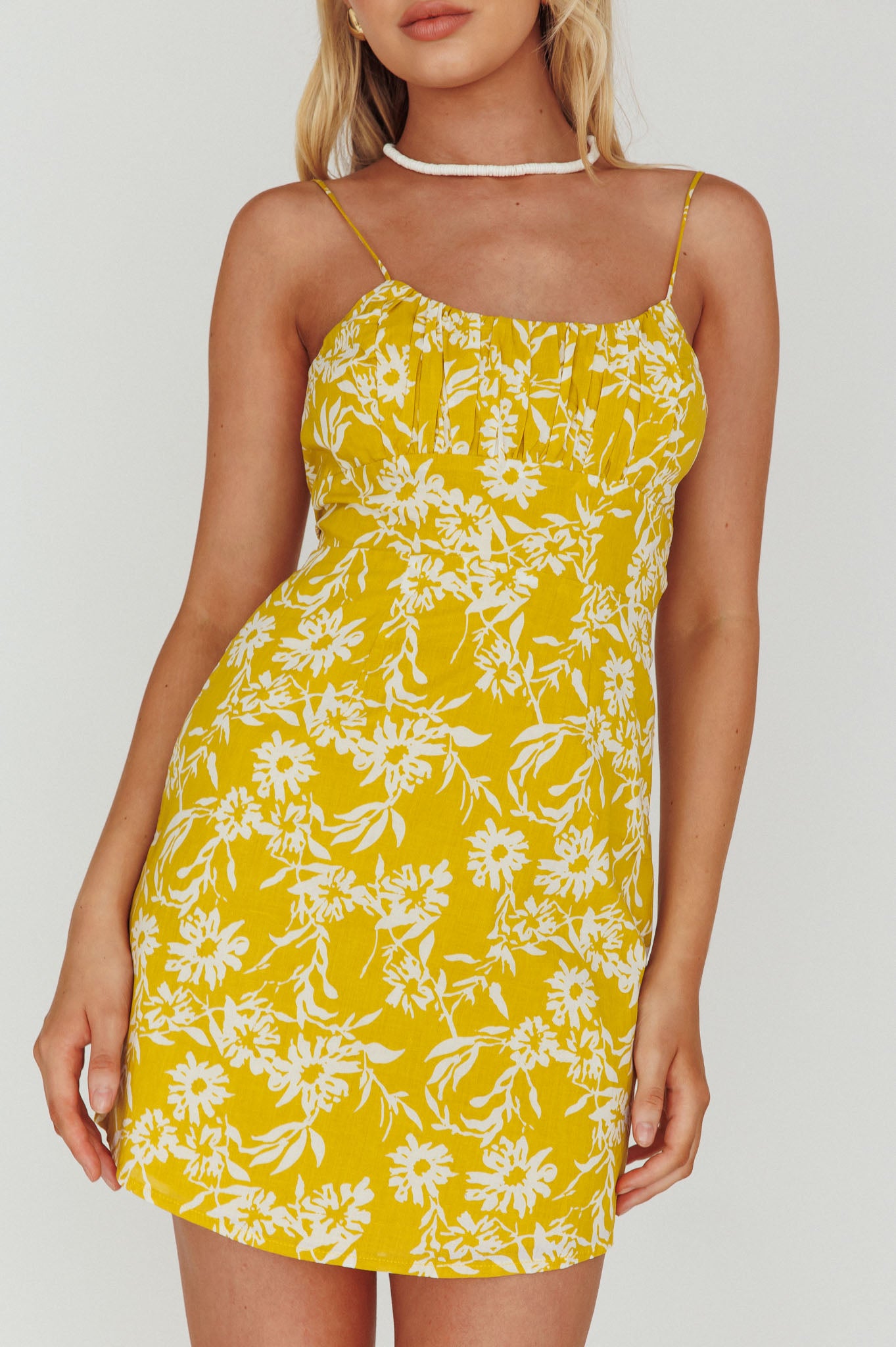 Inana Tied Back Mini Dress Floral Yellow-Maymioy