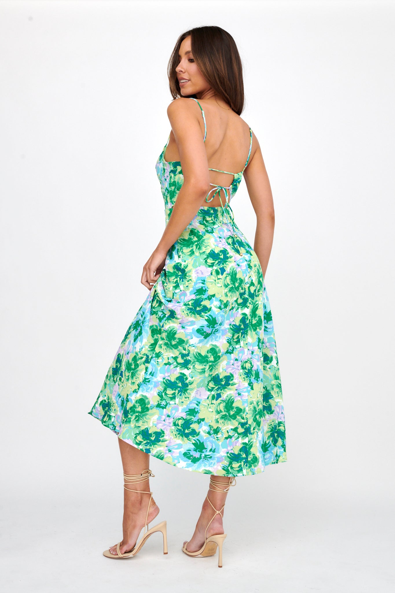 Galilea Tied Back Midi Dress Floral Green-Maymioy