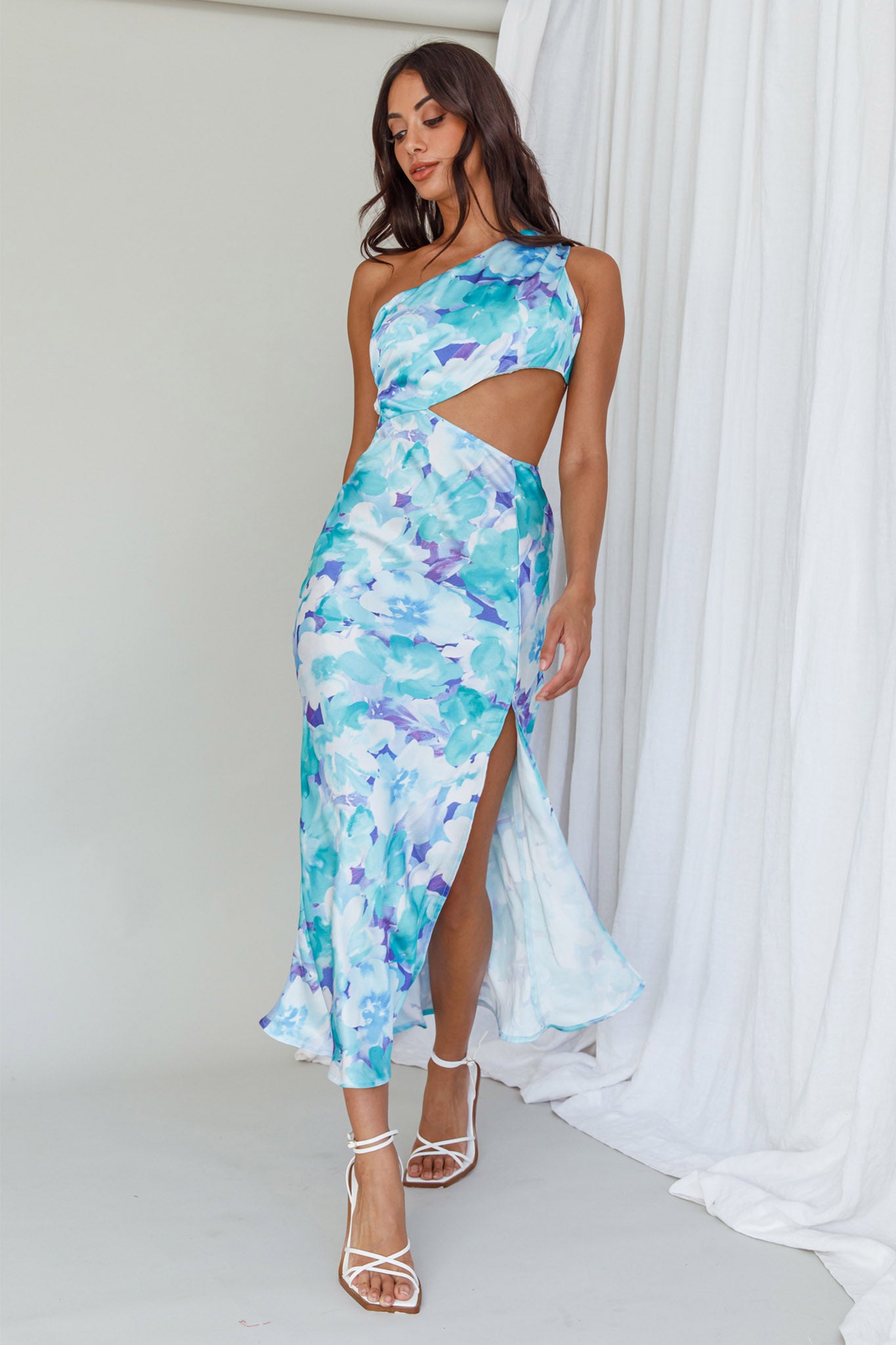 Cameron Cut-Out Midi Dress Floral Green/Blue-Maymioy