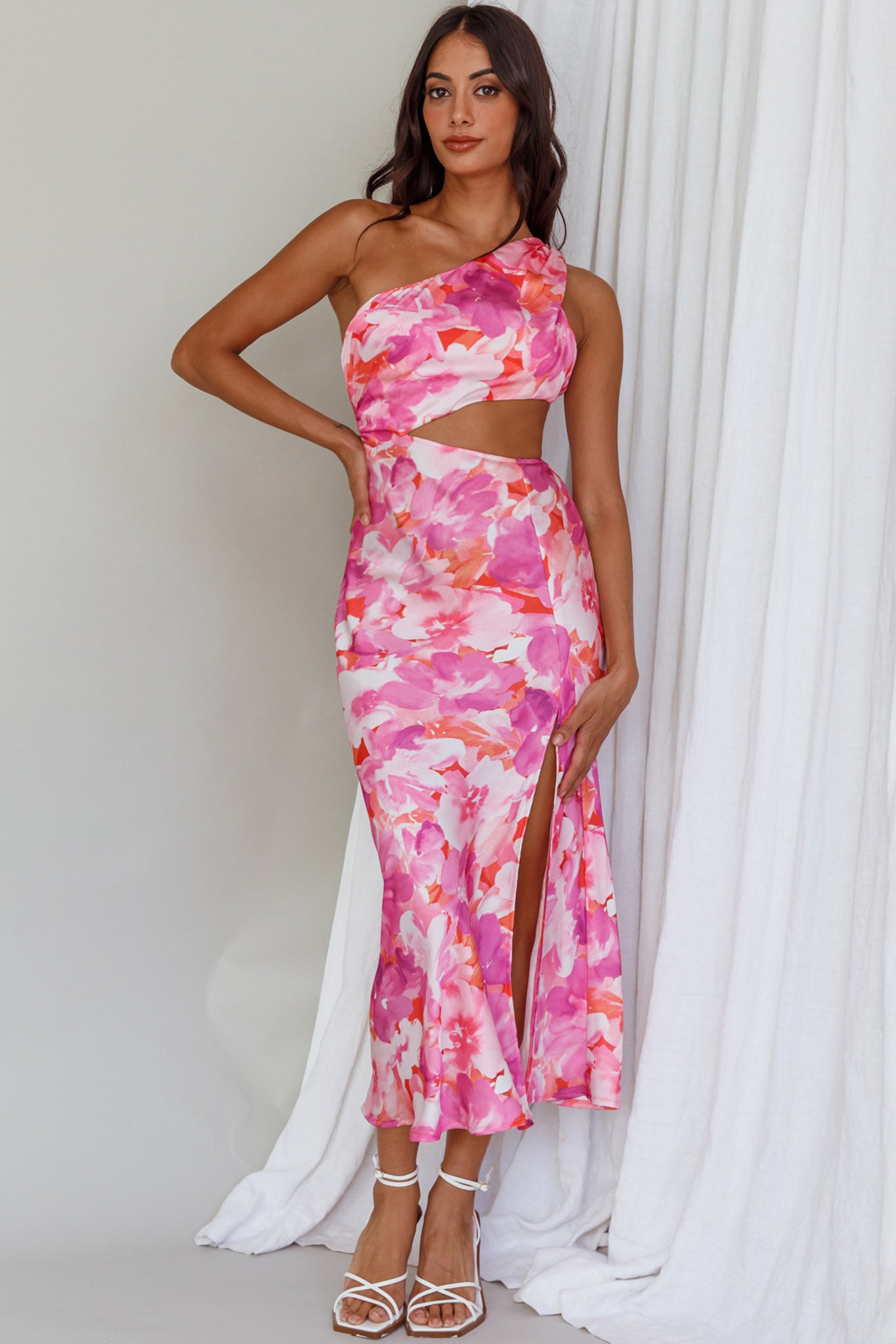 Cameron Cut-Out Midi Dress Floral Pink-Maymioy