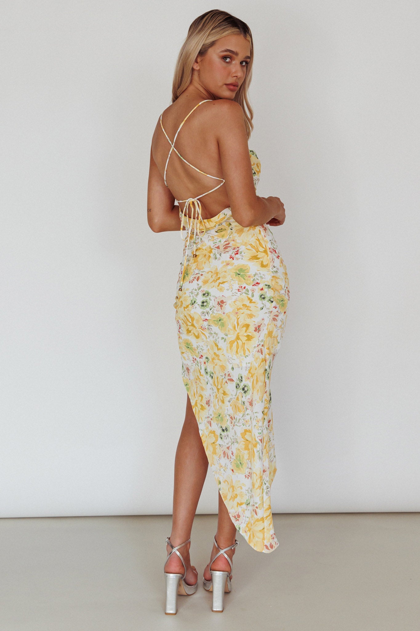 Klara Thigh Split Midi Dress Floral Yellow-Maymioy