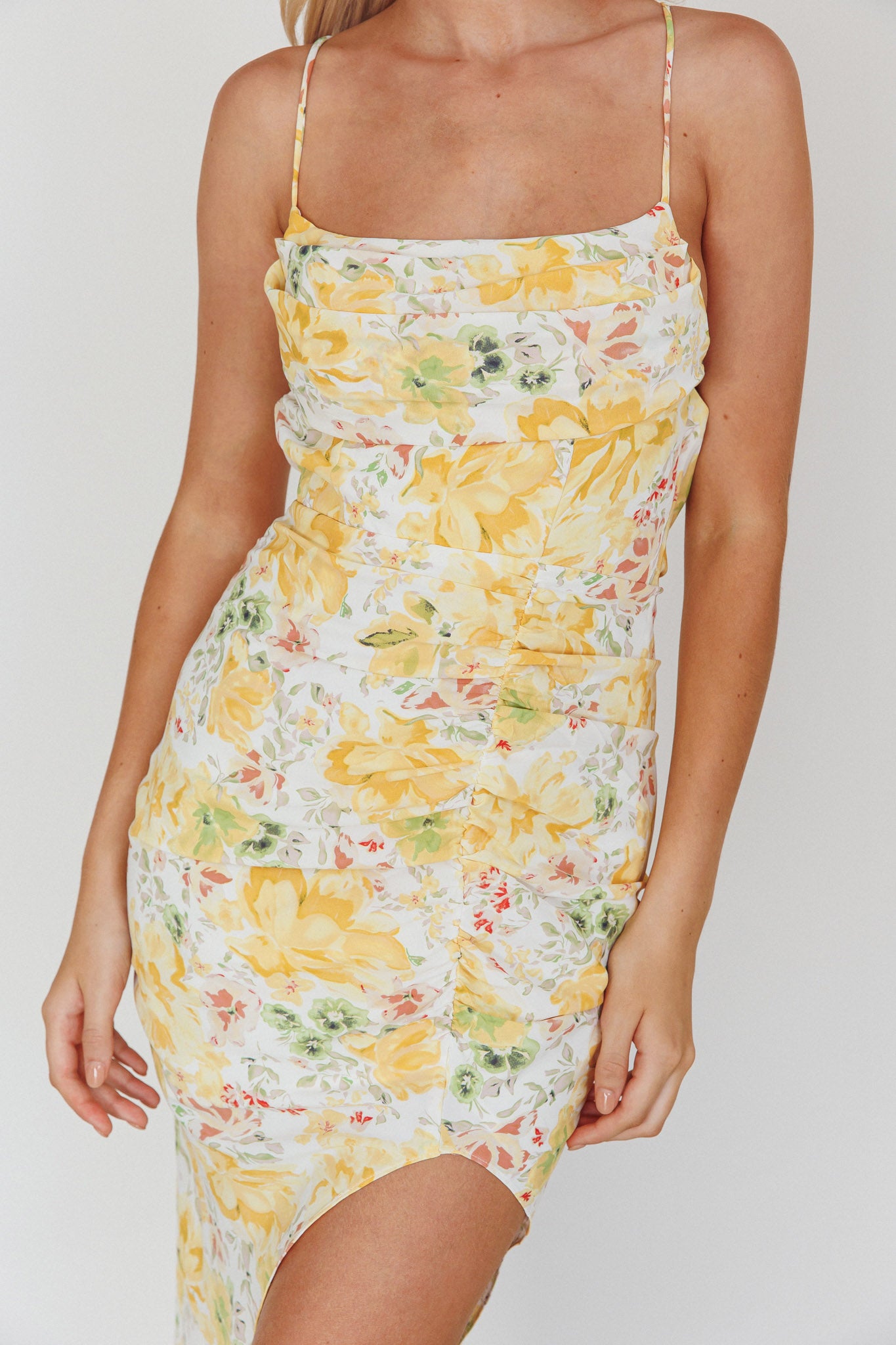 Klara Thigh Split Midi Dress Floral Yellow-Maymioy