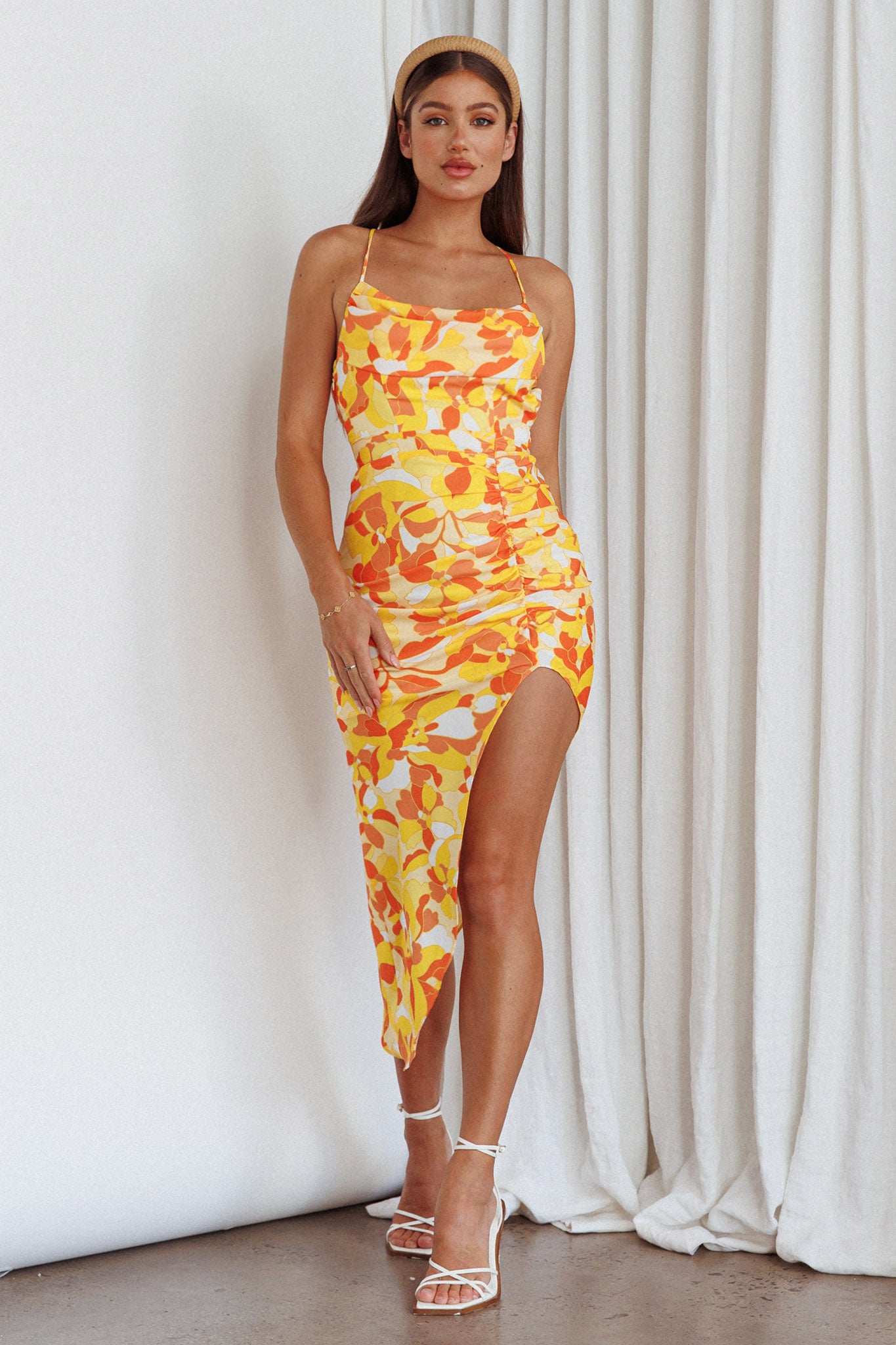 Klara Thigh Split Midi Dress Print Yellow-Maymioy