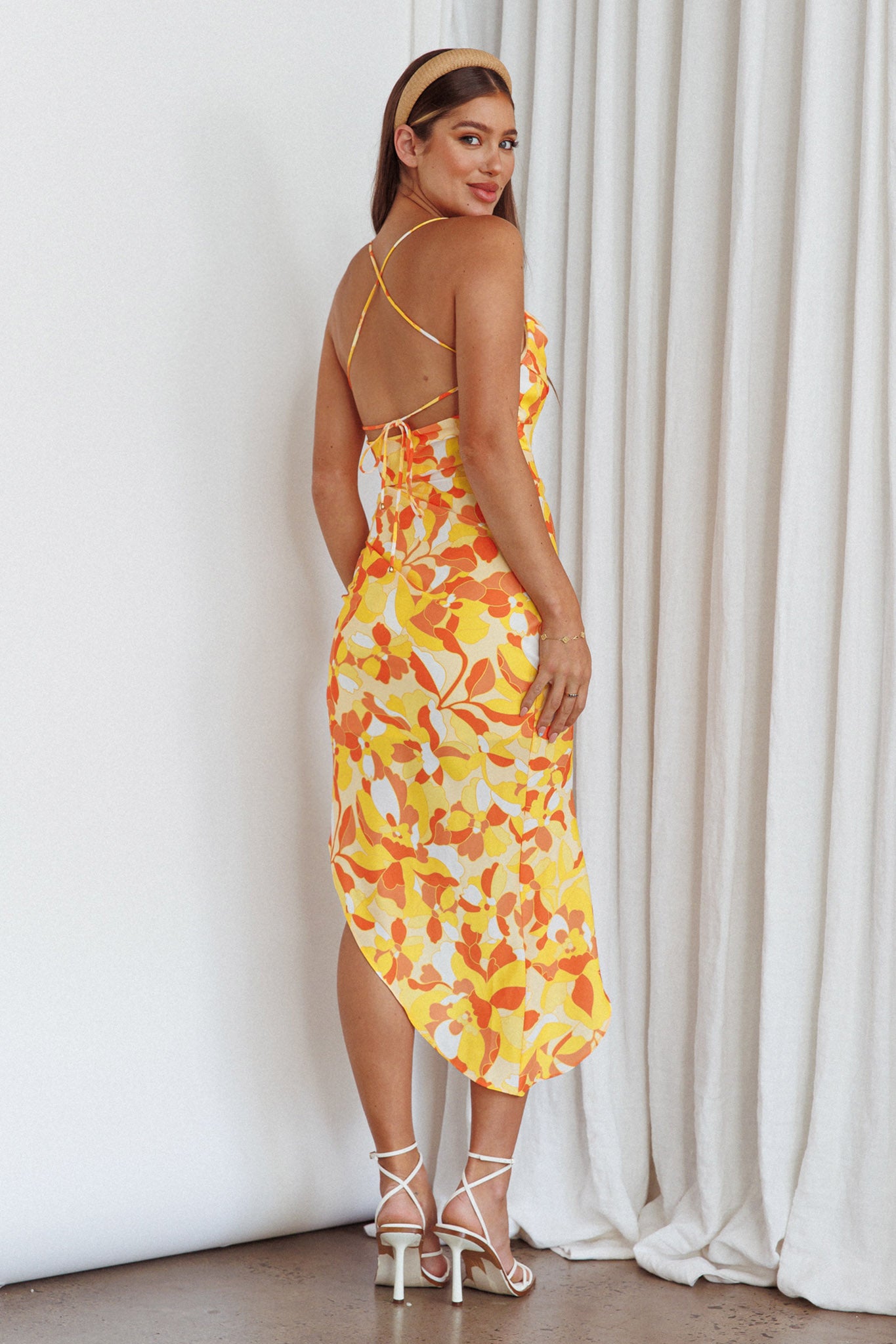 Klara Thigh Split Midi Dress Print Yellow-Maymioy