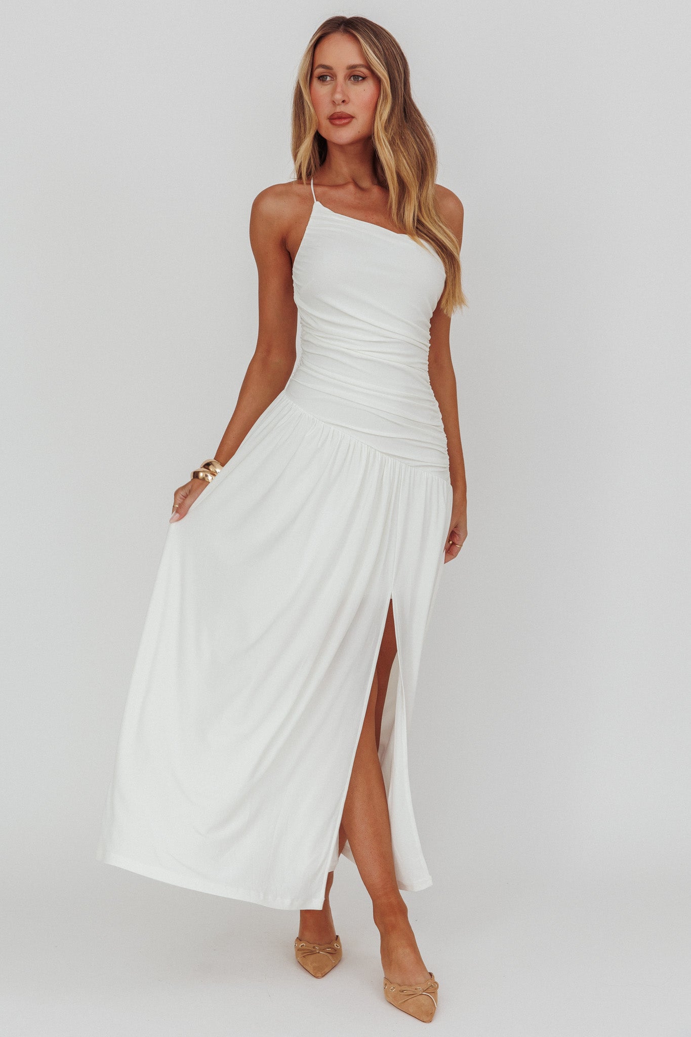 Destination One-Shoulder Maxi Dress White-Maymioy