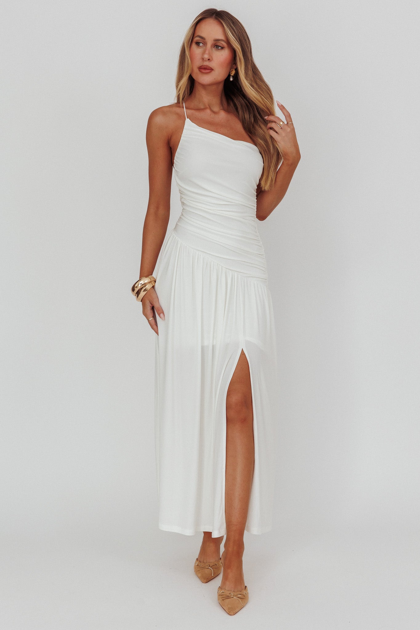 Destination One-Shoulder Maxi Dress White-Maymioy