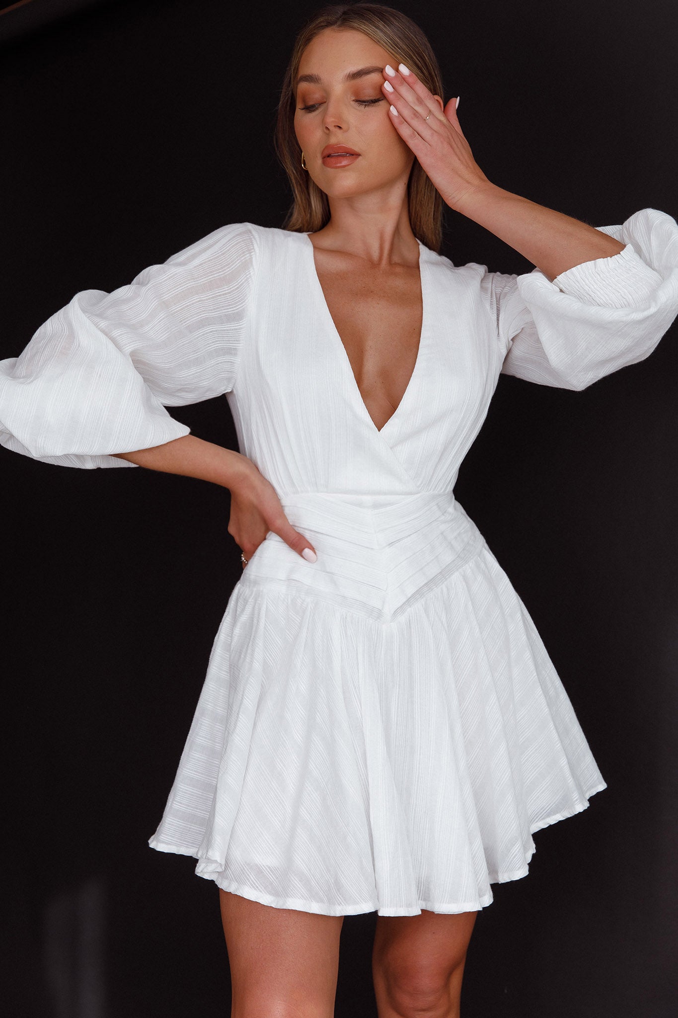 Sweet Escape Lantern Sleeve Pintuck Dress White-Maymioy