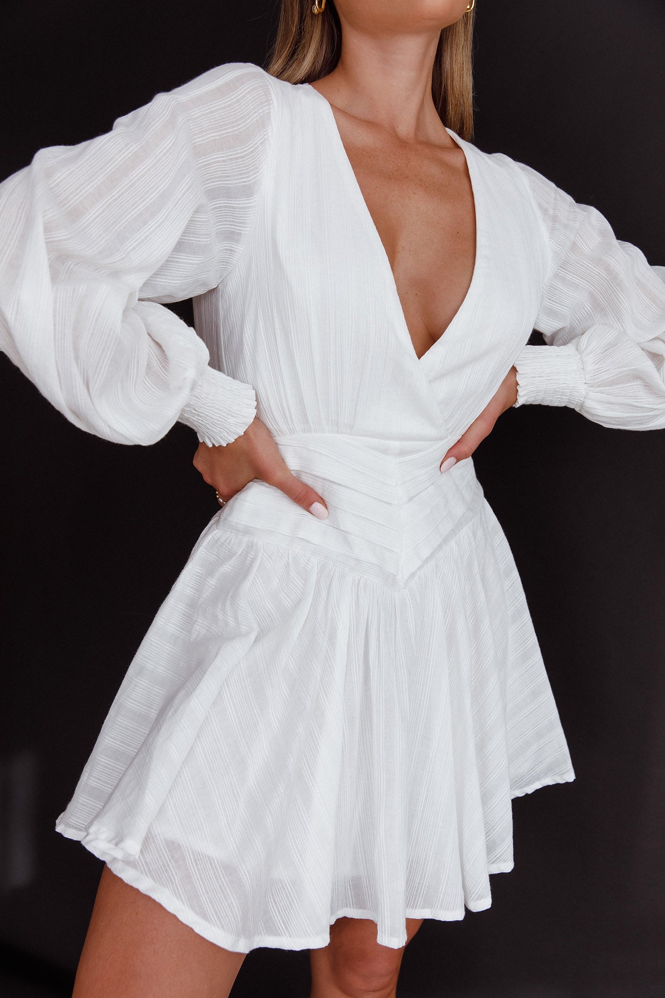 Sweet Escape Lantern Sleeve Pintuck Dress White-Maymioy