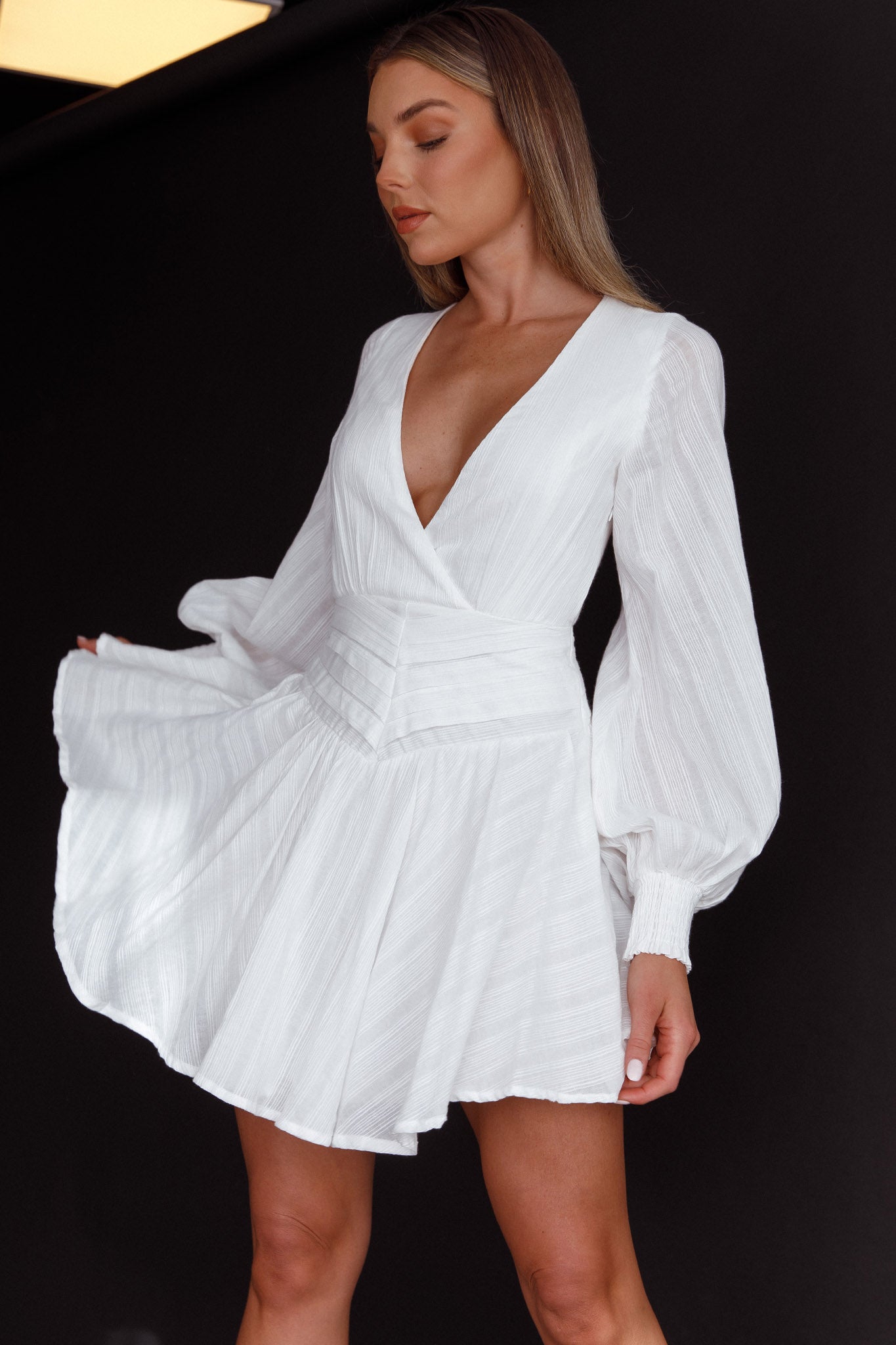 Sweet Escape Lantern Sleeve Pintuck Dress White-Maymioy
