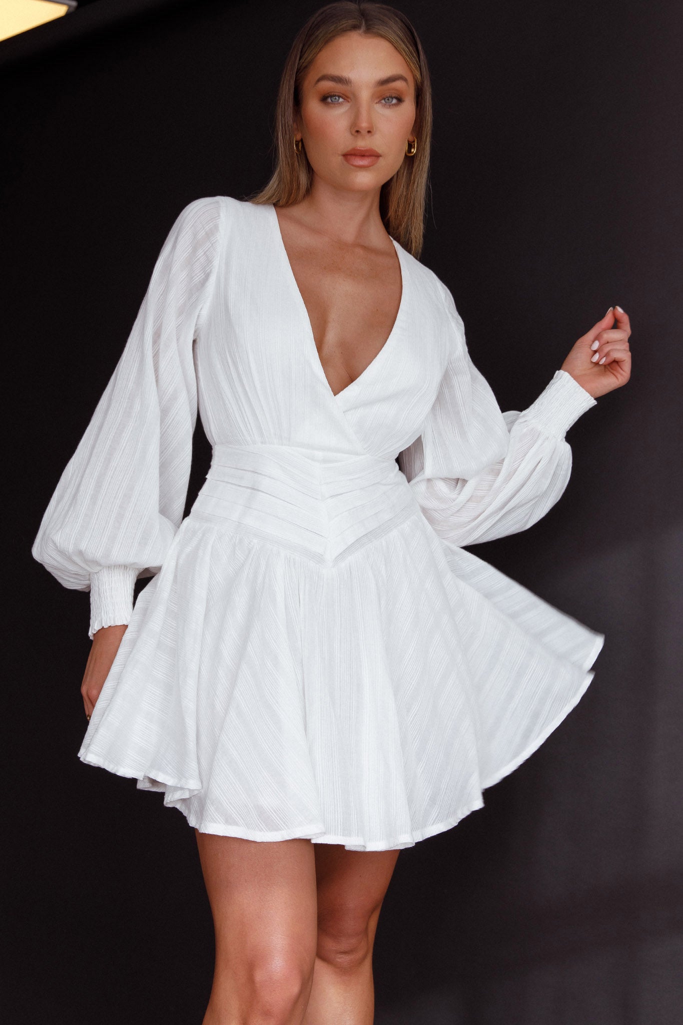 Sweet Escape Lantern Sleeve Pintuck Dress White-Maymioy