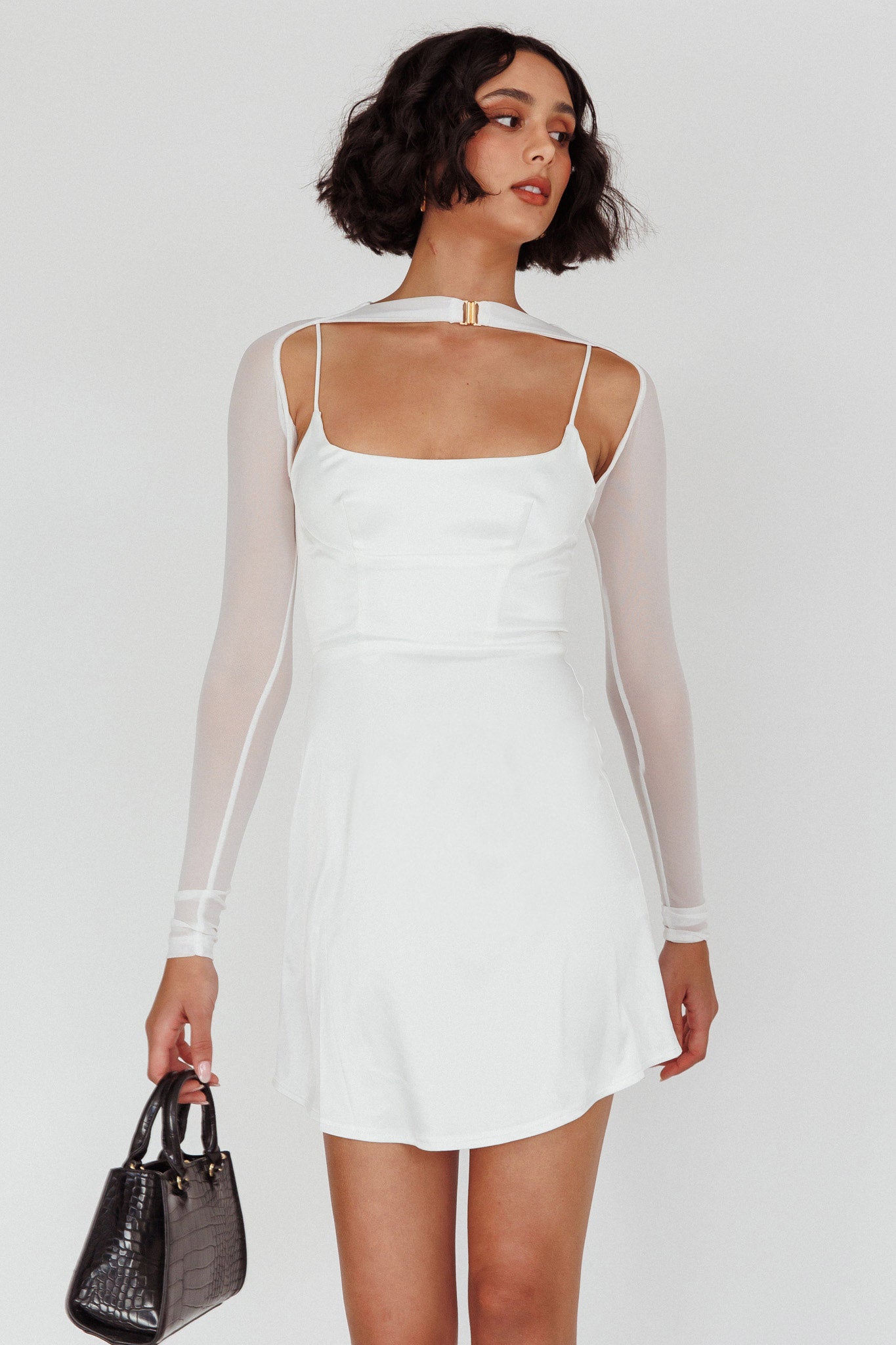 Moon Rising Faux Bolero Mini Dress White-Maymioy