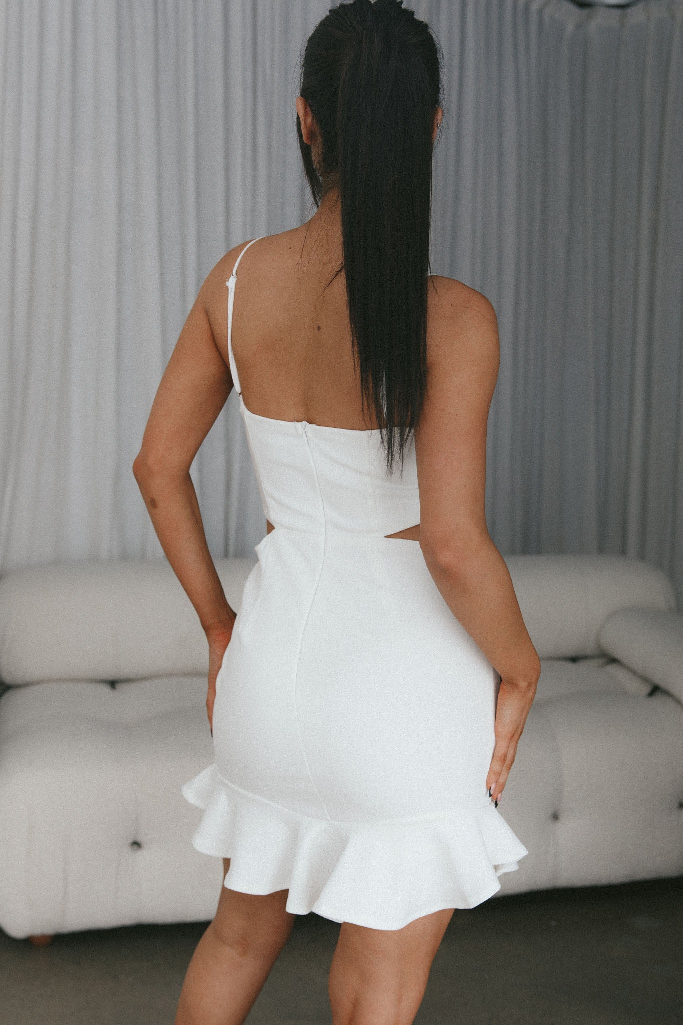 Stop The Press Cut-Out Waist Mini Dress White-Maymioy