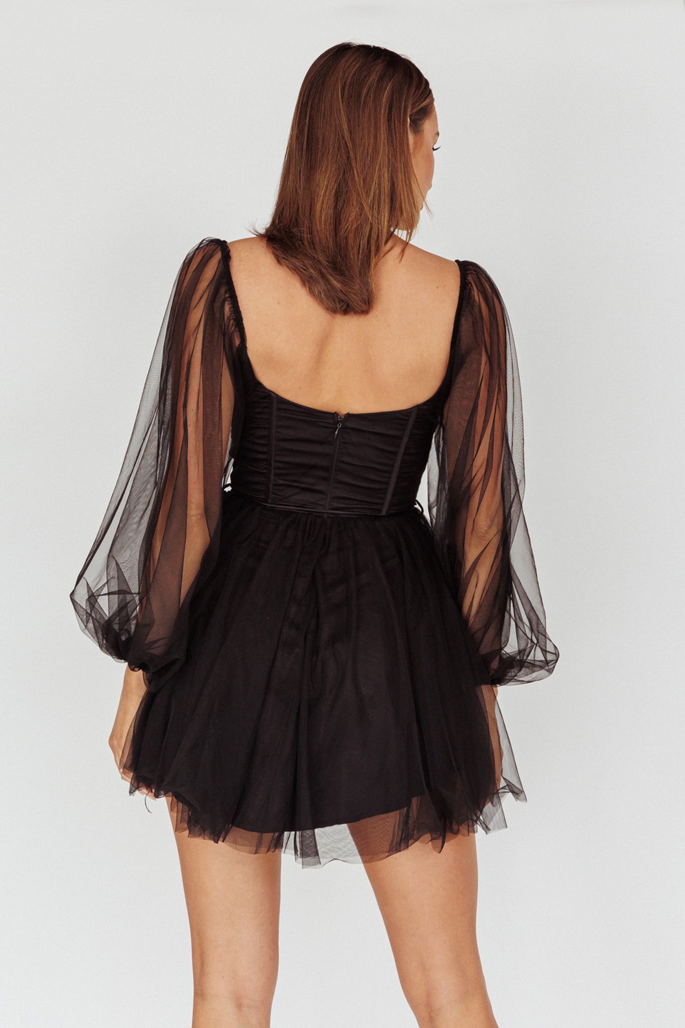 Fairytale Dream Sheer Sleeve Mini Dress Black-Maymioy