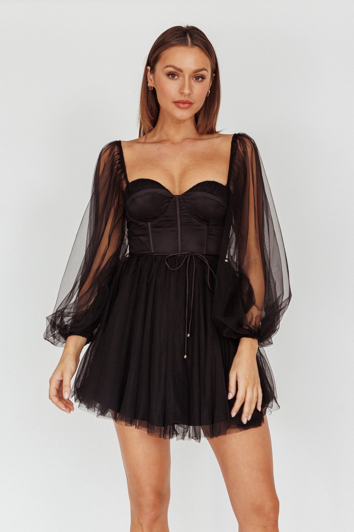 Fairytale Dream Sheer Sleeve Mini Dress Black-Maymioy