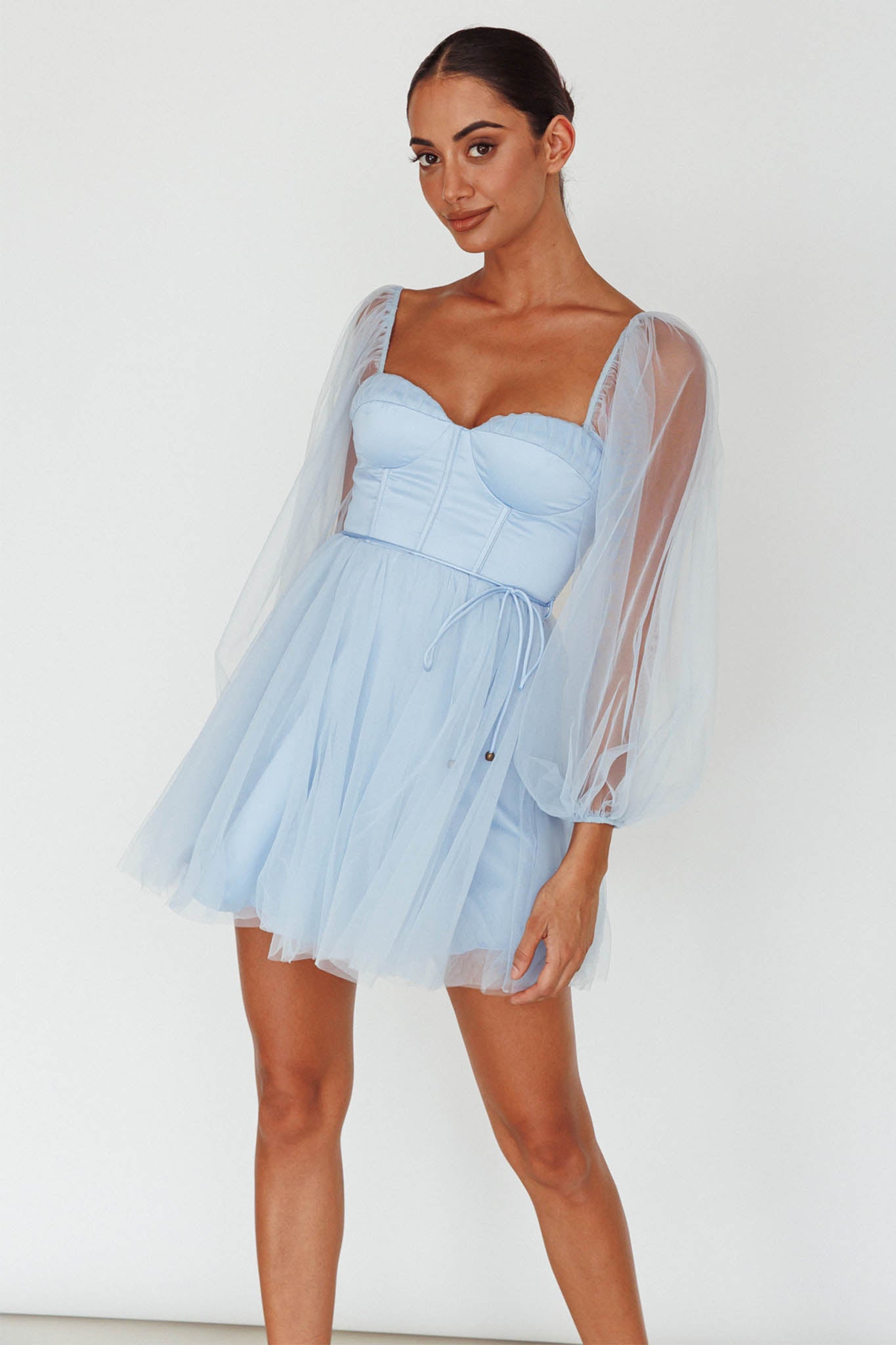Fairytale Dream Sheer Sleeve Mini Dress Blue-Maymioy