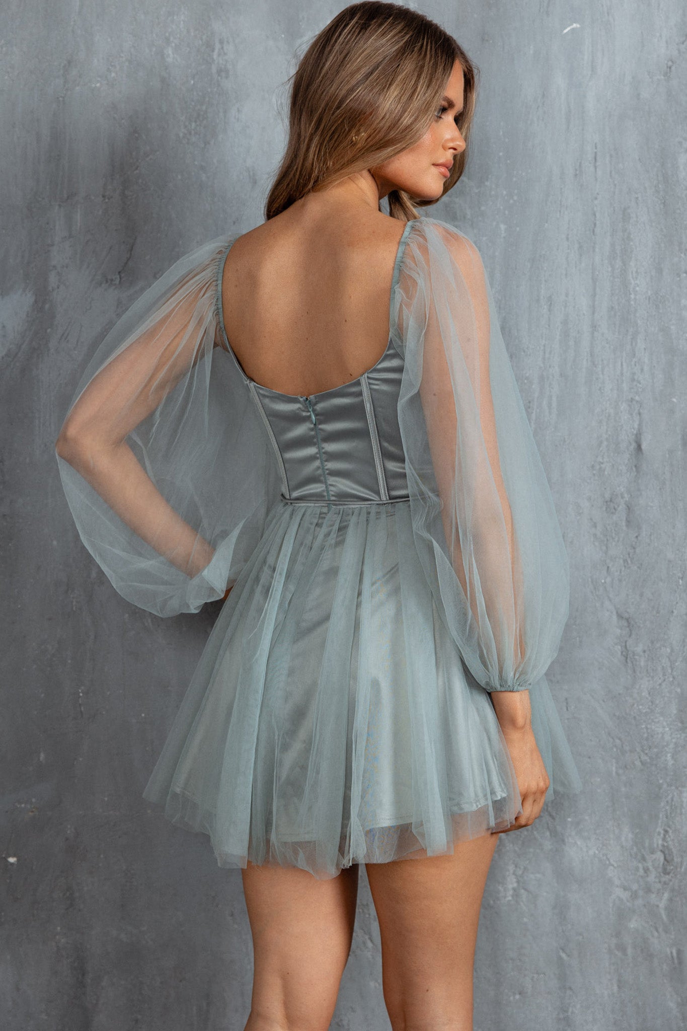 Fairytale Dream Sheer Sleeve Mini Dress Sage-Maymioy