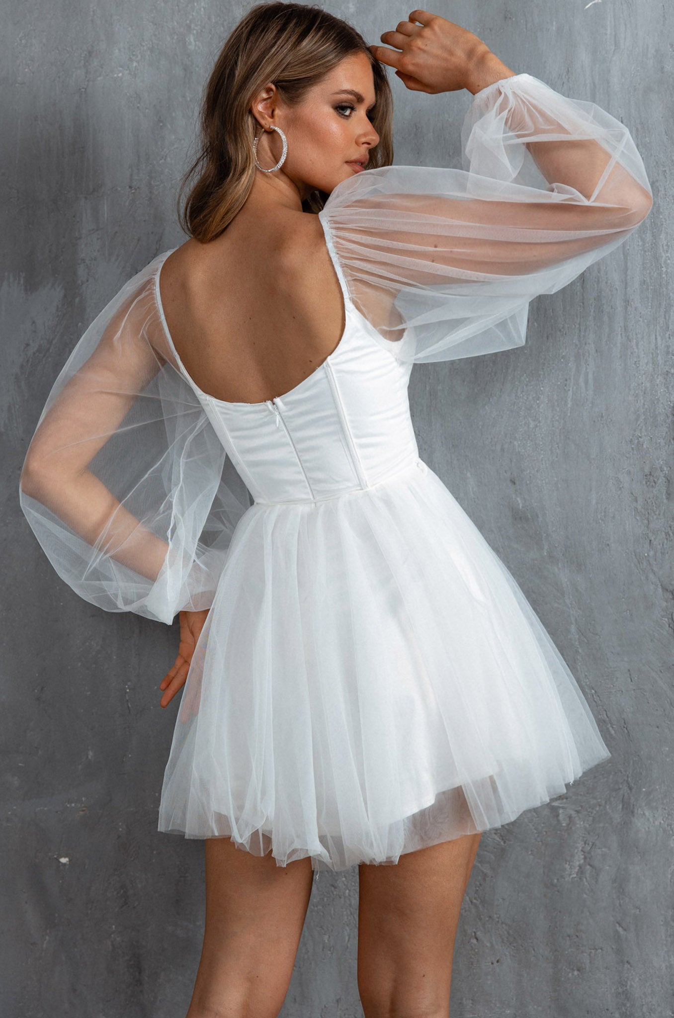 Fairytale Dream Sheer Sleeve Mini Dress White-Maymioy
