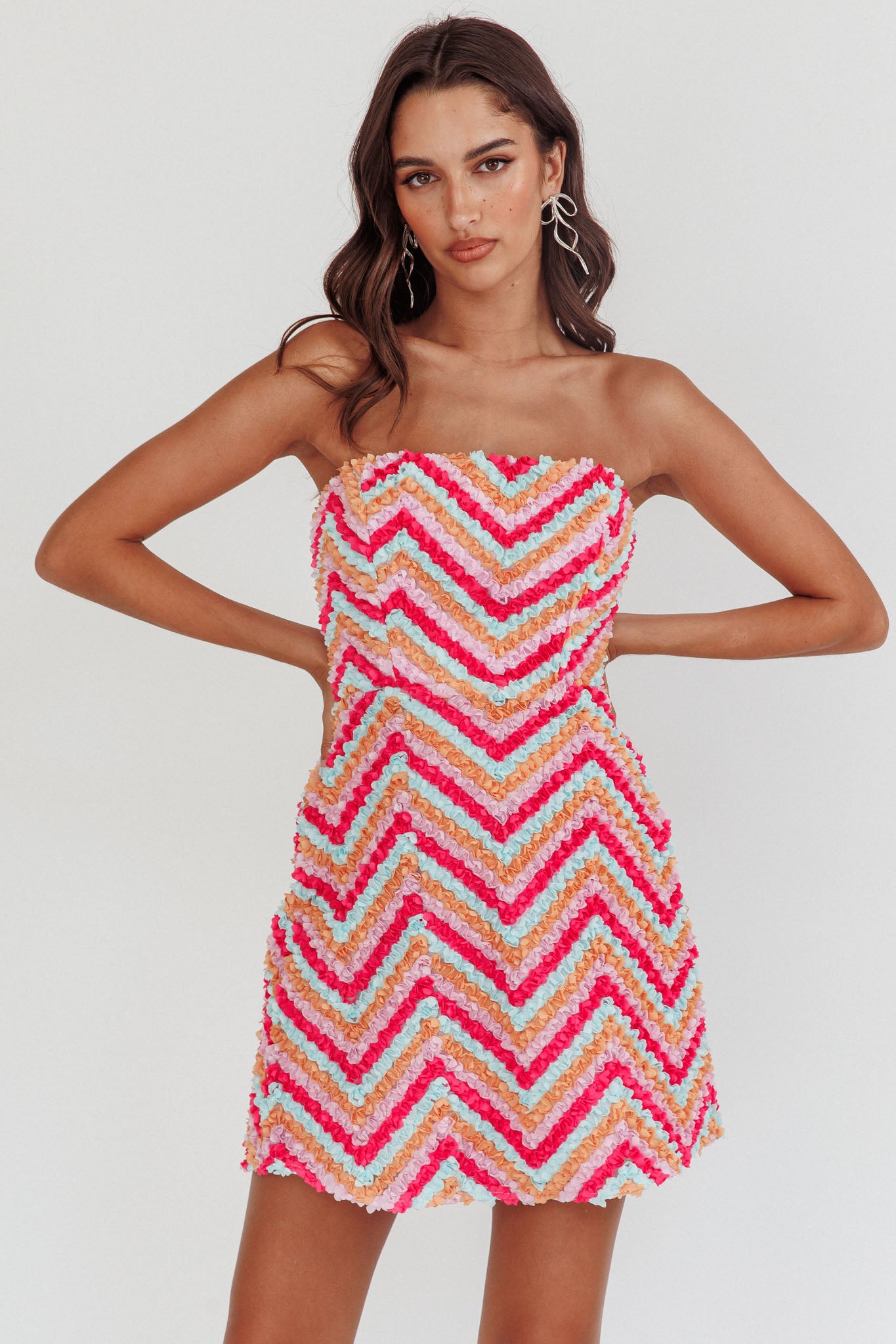 In Paris Embellished Chevron Mini Dress Fuchsia-Maymioy