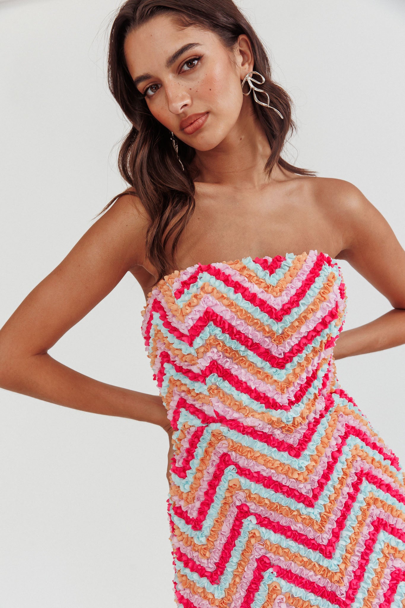 In Paris Embellished Chevron Mini Dress Fuchsia-Maymioy