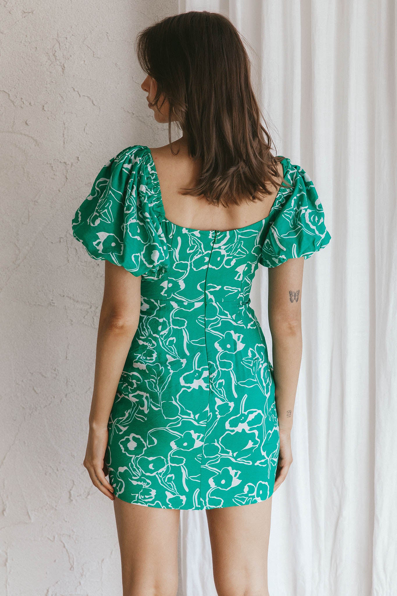 Iseo Puff Sleeve Mini Dress Print Green-Maymioy