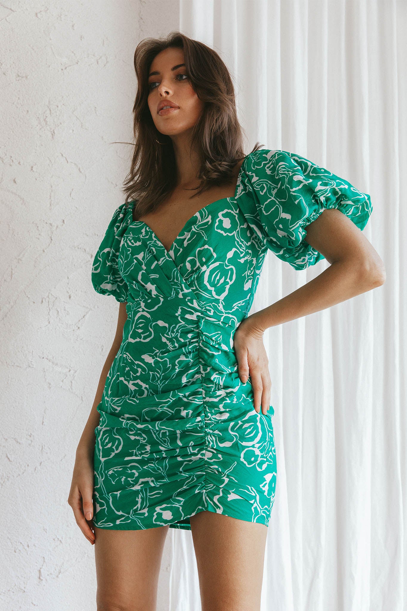 Iseo Puff Sleeve Mini Dress Print Green-Maymioy