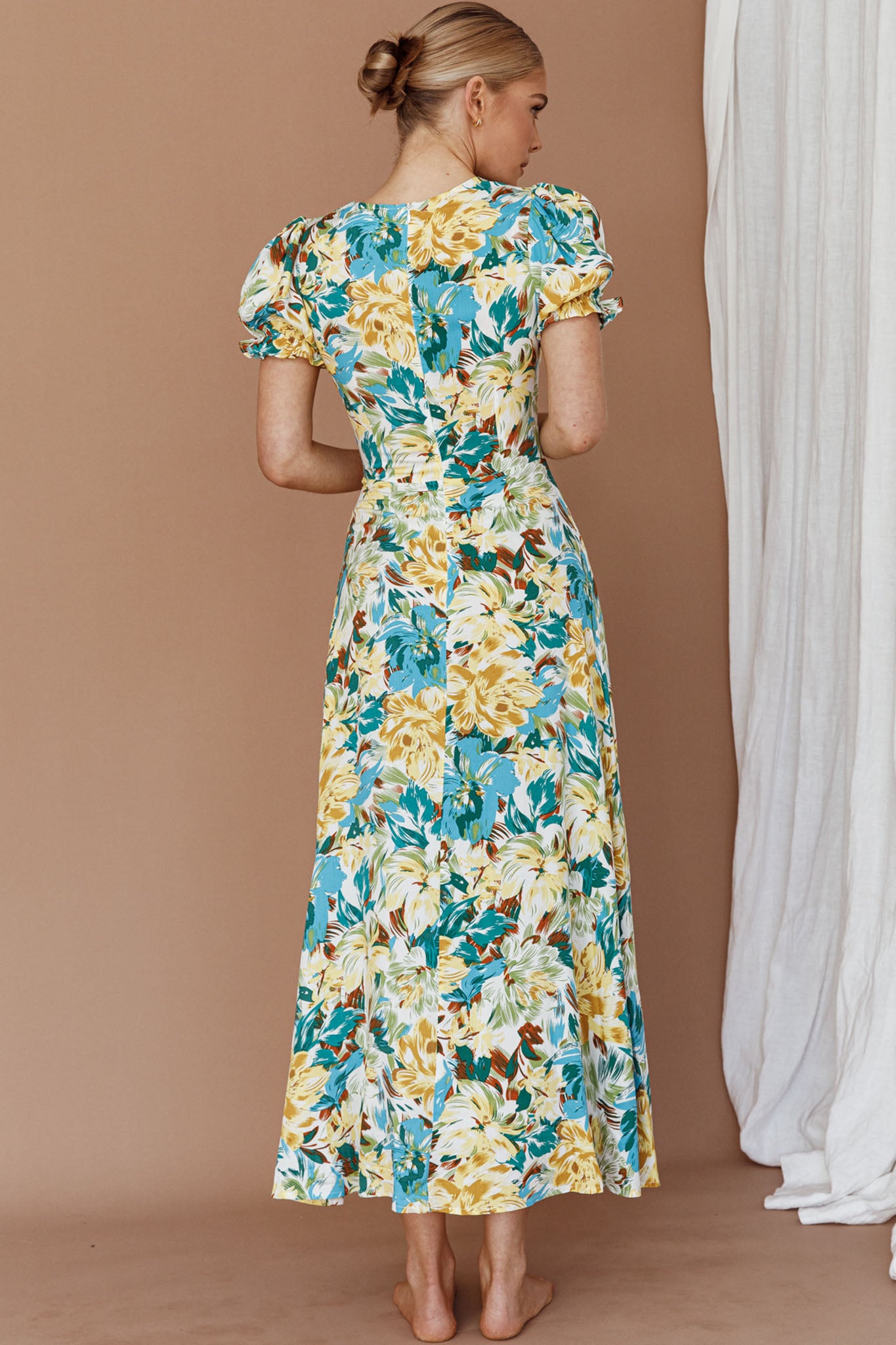 Montebello Puff Sleeve Maxi Dress Floral Blue/Yellow-Maymioy