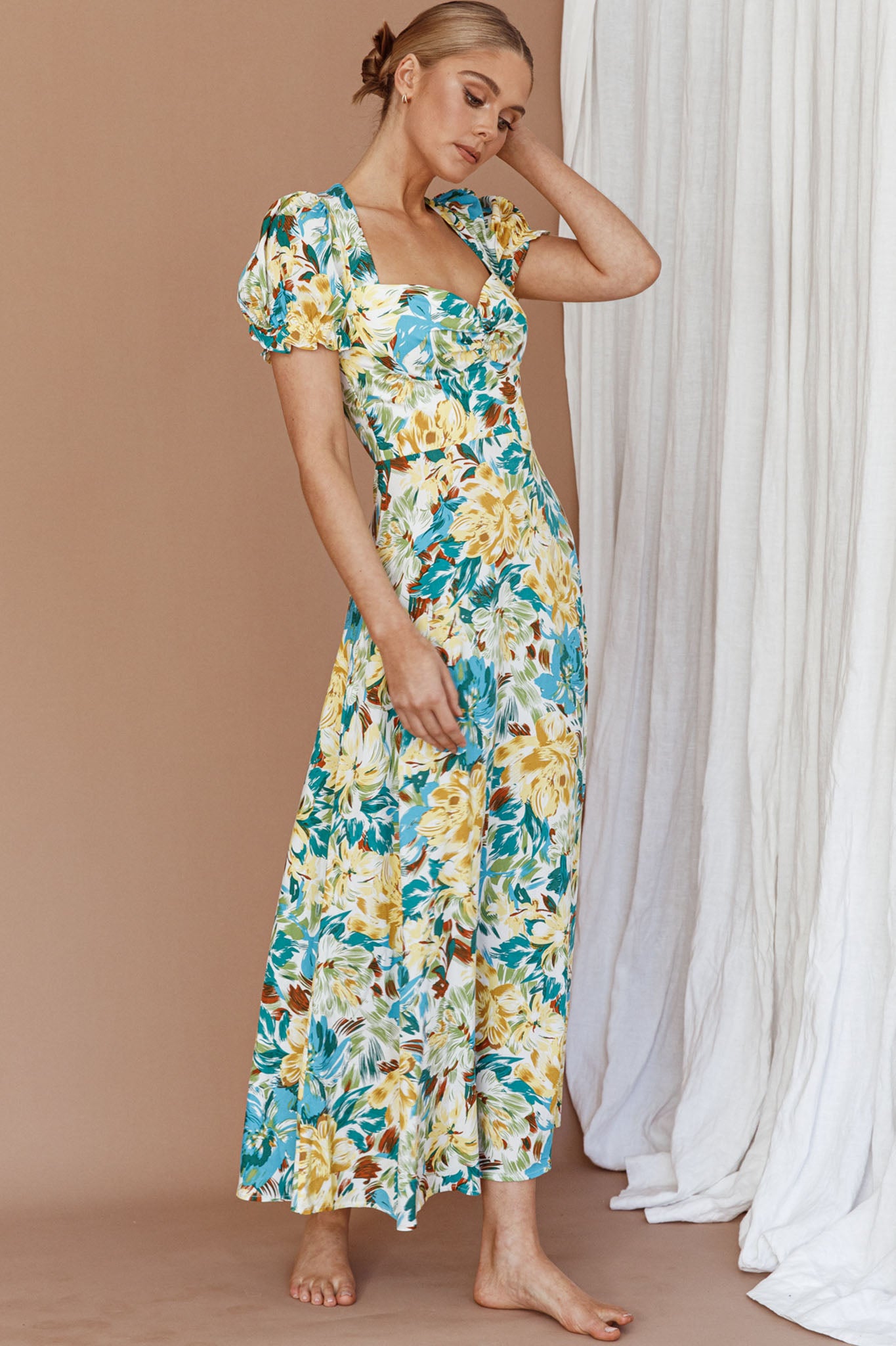Montebello Puff Sleeve Maxi Dress Floral Blue/Yellow-Maymioy