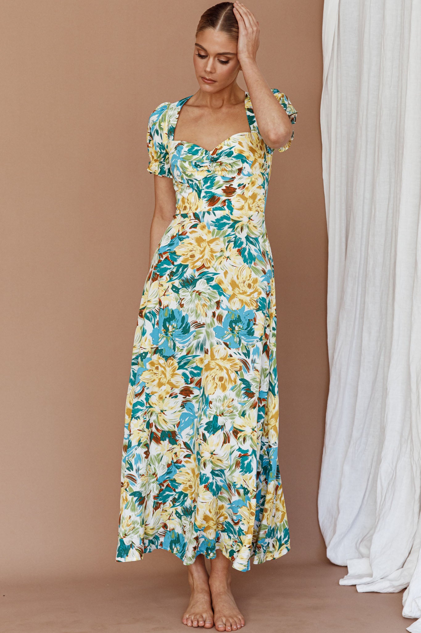 Montebello Puff Sleeve Maxi Dress Floral Blue/Yellow-Maymioy