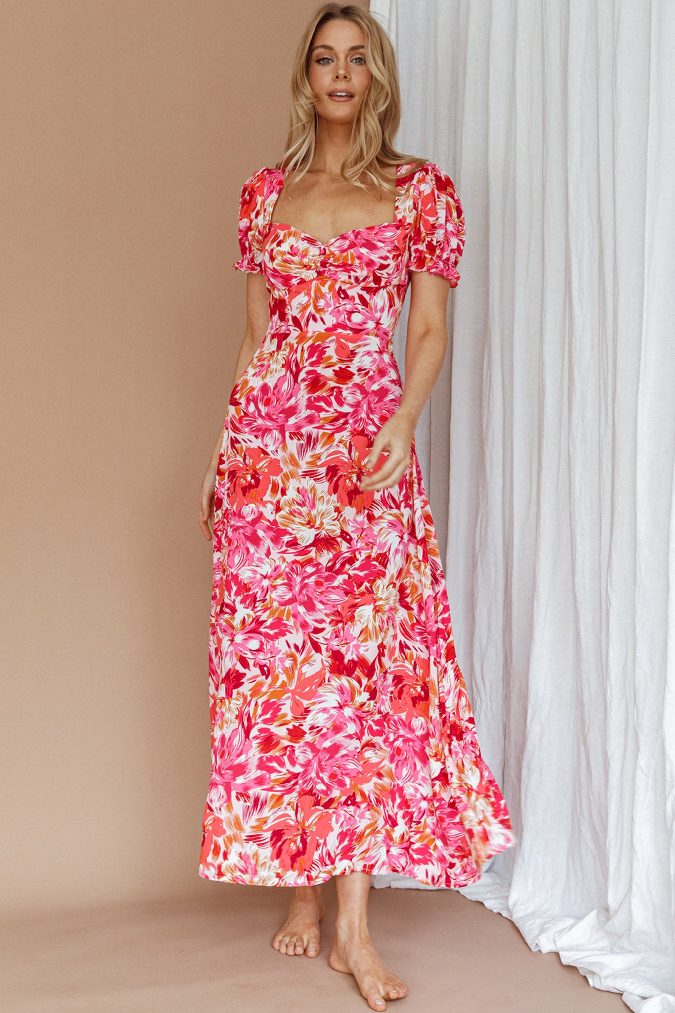 Montebello Puff Sleeve Maxi Dress Floral Pink/Orange-Maymioy