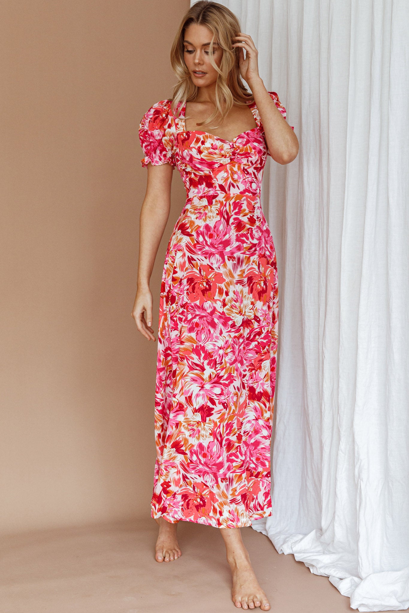Montebello Puff Sleeve Maxi Dress Floral Pink/Orange-Maymioy
